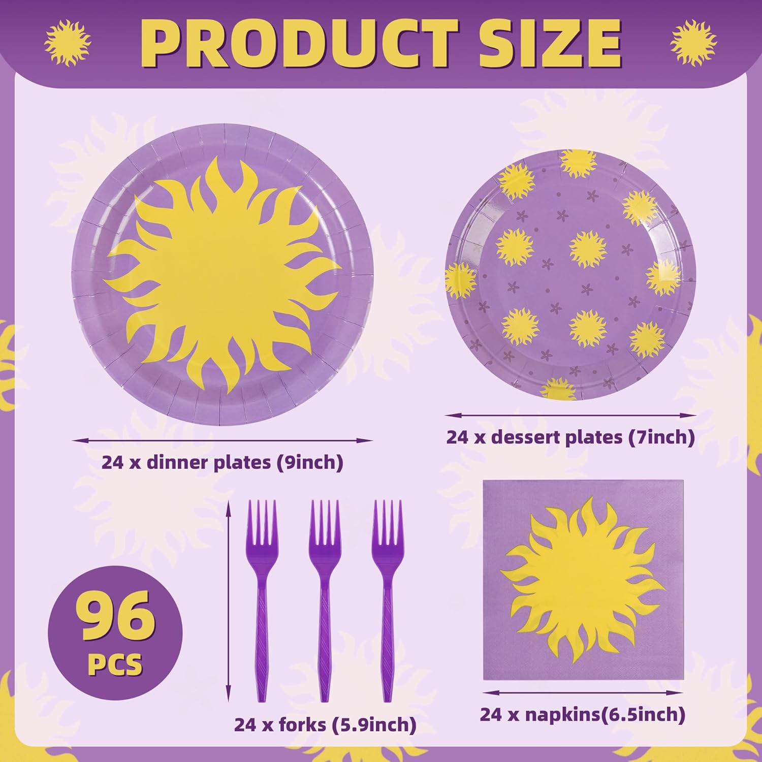 Velorian 96 Pcs Purple Sun Birthday Party Supplies Disposable Tableware Set Serve 24 Guests Include Purple Paper Plates and Napkins Plastic Forks for Baby Shower Wedding Princess Party Decorations - Image 2
