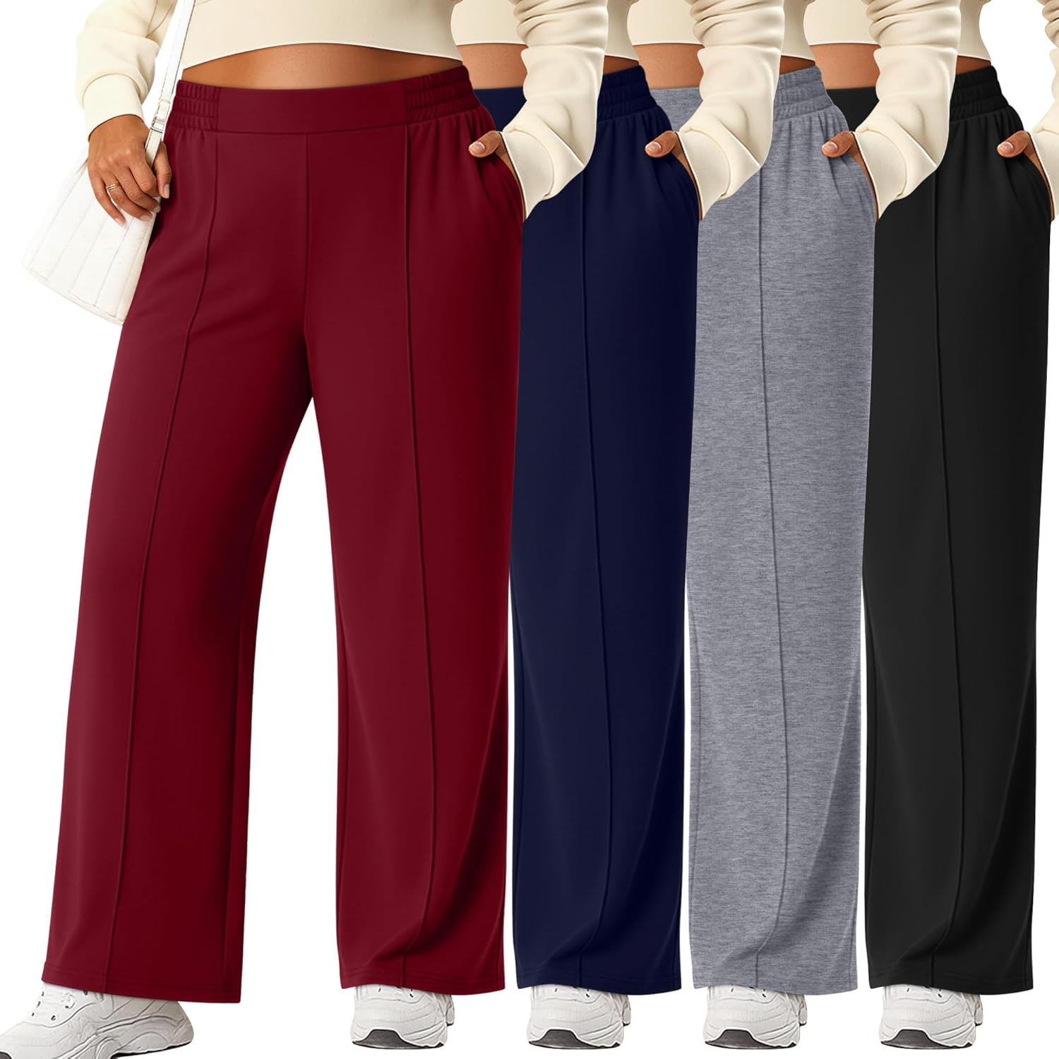Neer 4 Pack Women's Plus Size Lounge Pants, High Waisted Wide Leg Front Seam Sweatpants Yoga Casual Baggy Pants with Pockets