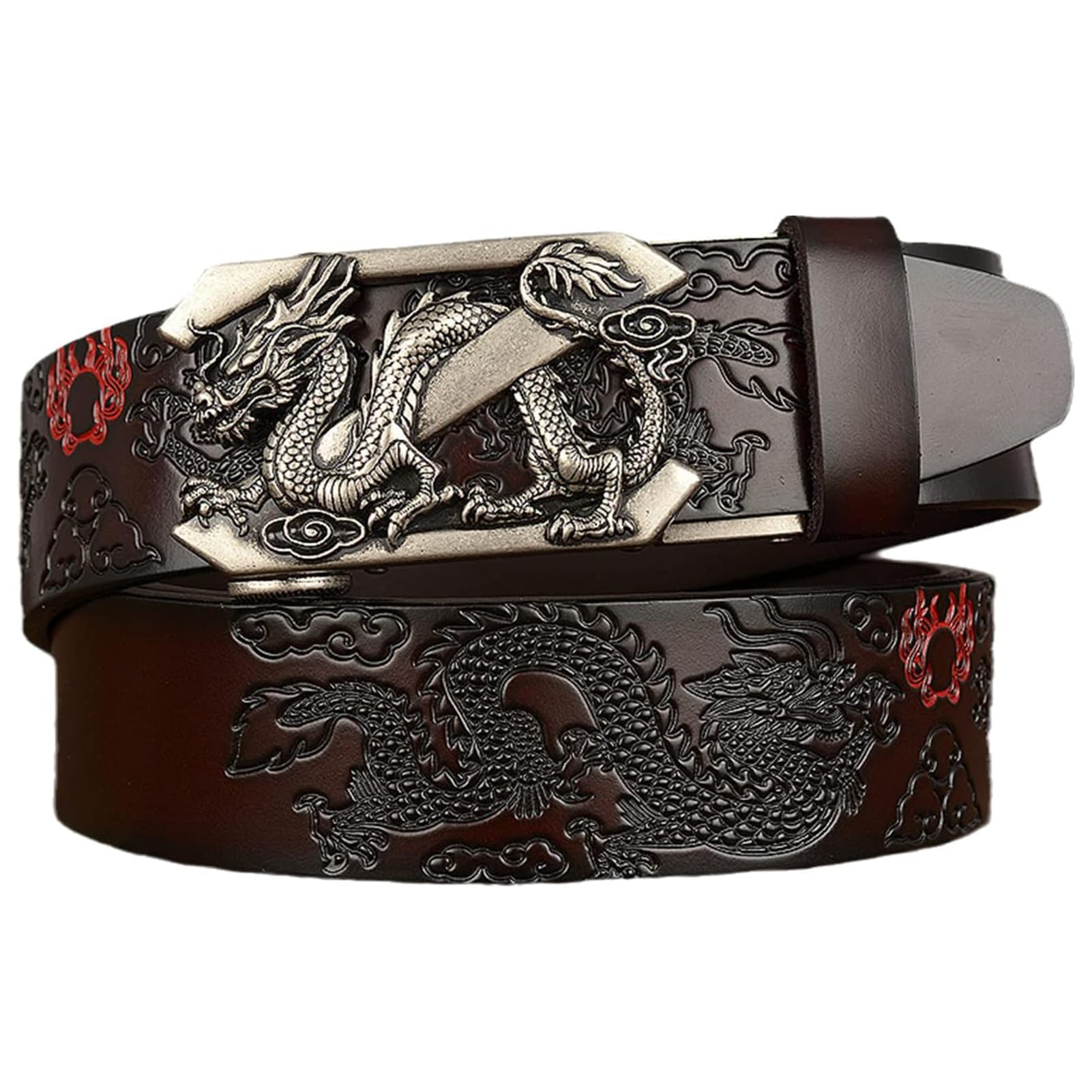 Cinturón de cuero genuino con trinquete y hebilla automática dragón, correa ajustable 3,5 cm grabado en relieve