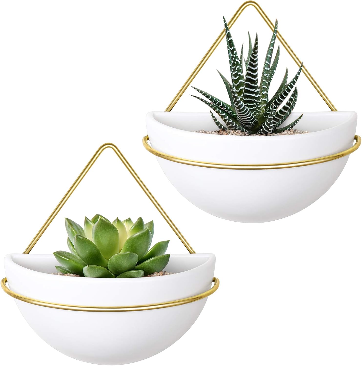 Mkono Ceramic Wall Planter Set of 2 Hanging Planter with Metal Geometric Plant Hanger, Modern Wall Mounted Plant Pot for Succulent Air Plant Cactus Indoor Home Office Decor Gift Idea, White : Patio, Lawn & Garden
