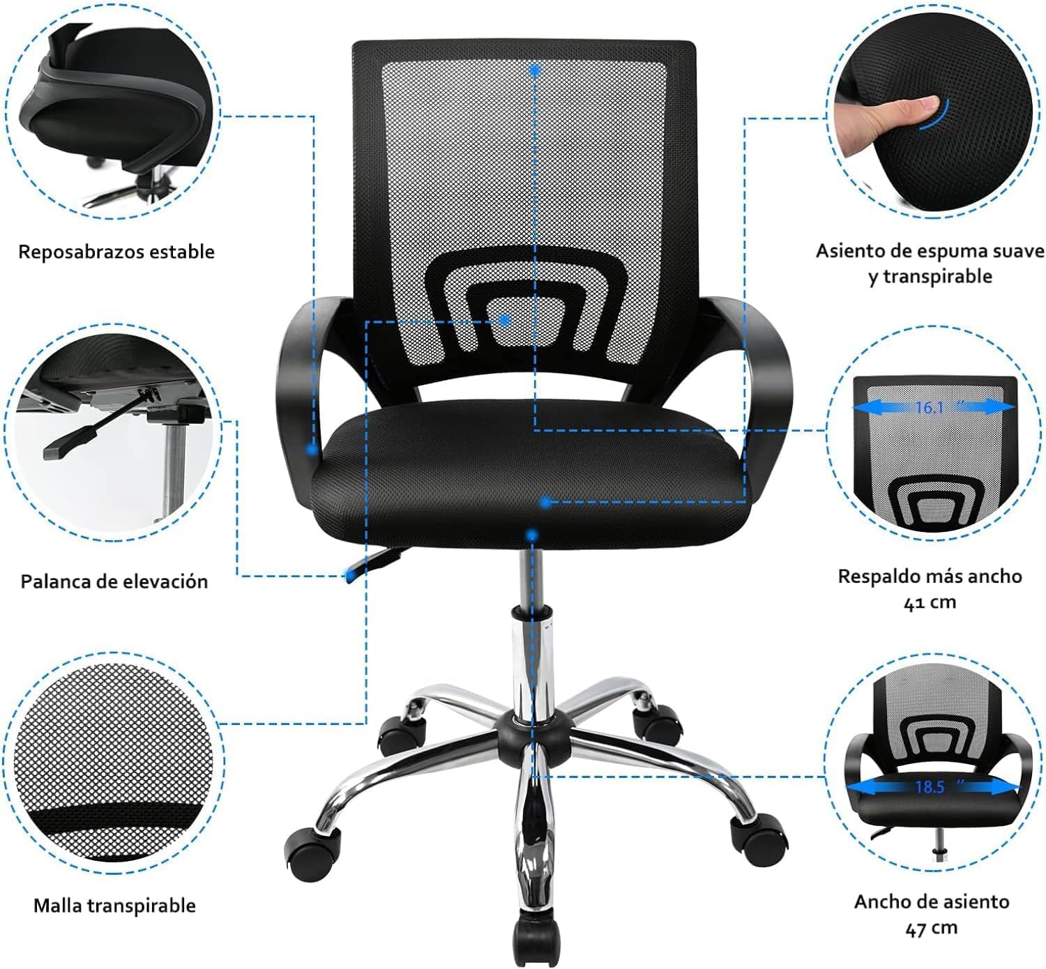 DUPI Silla Oficina Escritorio Riga | Respaldo Ergonómico de Malla | Giratoria 360º con Altura Ajustable | Reposabrazos Cómodos | Estructura de Acero, Negro, Normal, Metal