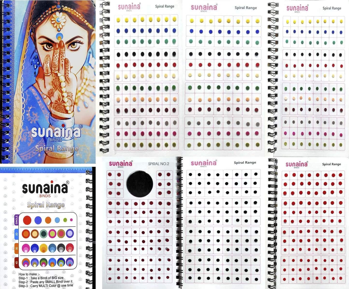 SUNAINA Genuine Spiral Round Plain Regular Bindi Book for Girls & Women, Mini Size, 1 Count – Includes Multicolor, Red, Maroon, and Black Bindis for Everyday Styling