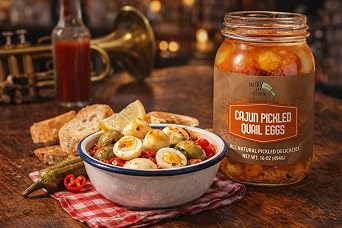 Green Jay Gourmet Cajun Pickled Quail Eggs in a Jar Fresh Hand Jarred for Cooking & Pantry Cajun Flavor - Simple Natural Ingredients - 16 Ounce Jar
