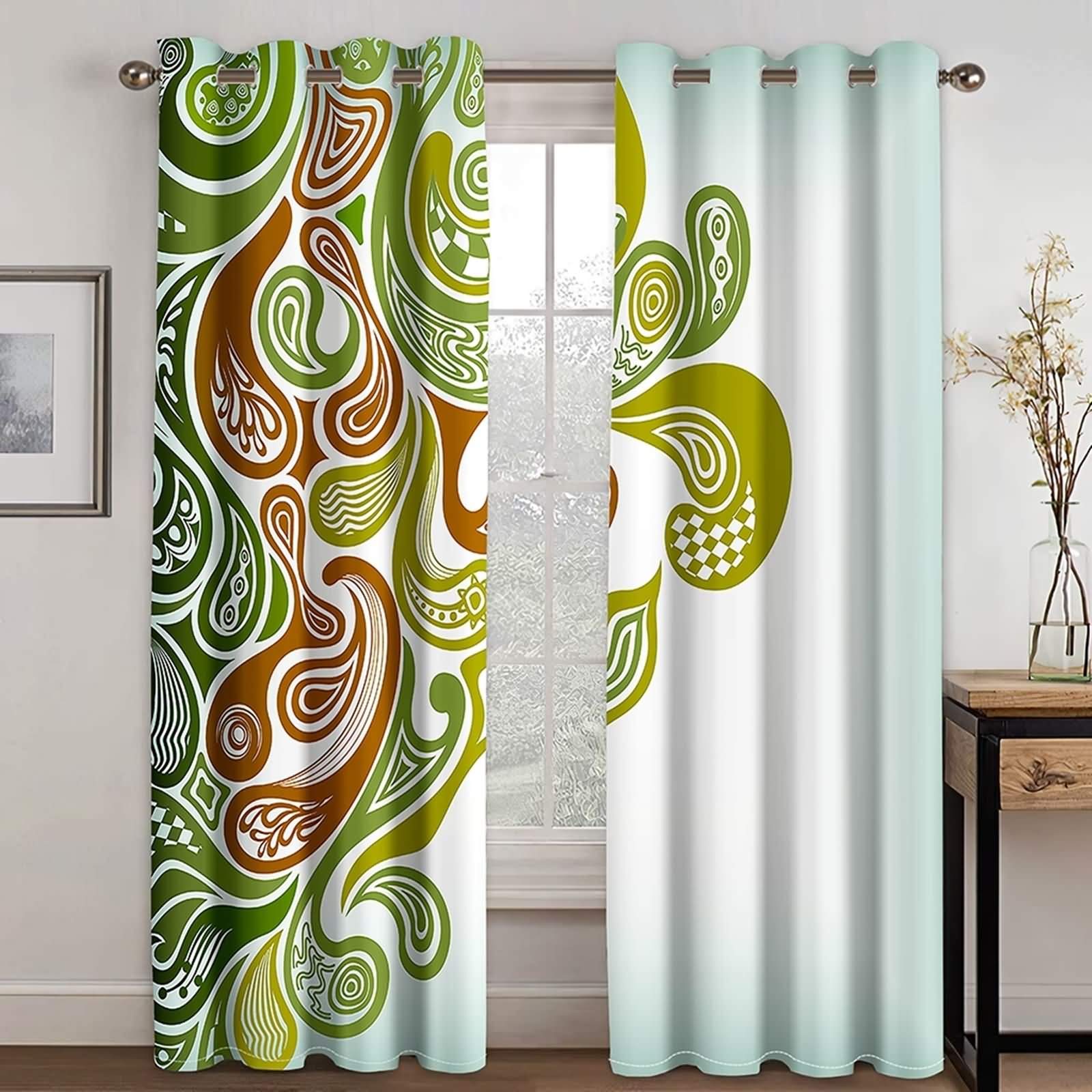 Rideau occultant motif mandala vert et brun double panneau 137x214 cm