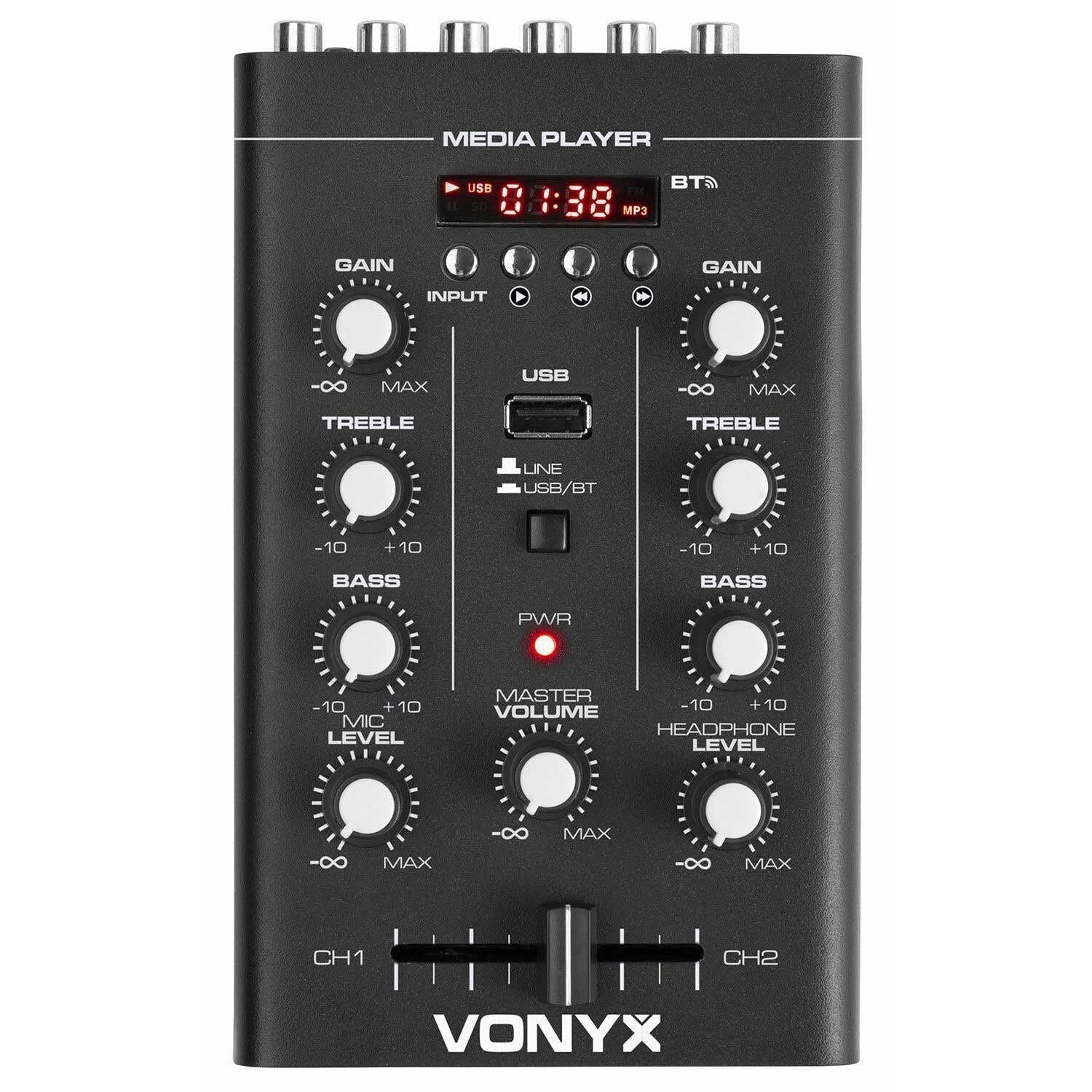 Vonyx STM500BT Table de Mixage Bluetooth 2 Canaux, Lecteur MP3 avec Affichage, Crossfader, Entrée USB, Entrée Micro, Sortie Casque, Egaliseur 2 bandes sur Chaque Canal, Parfait pour les DJs Mobiles