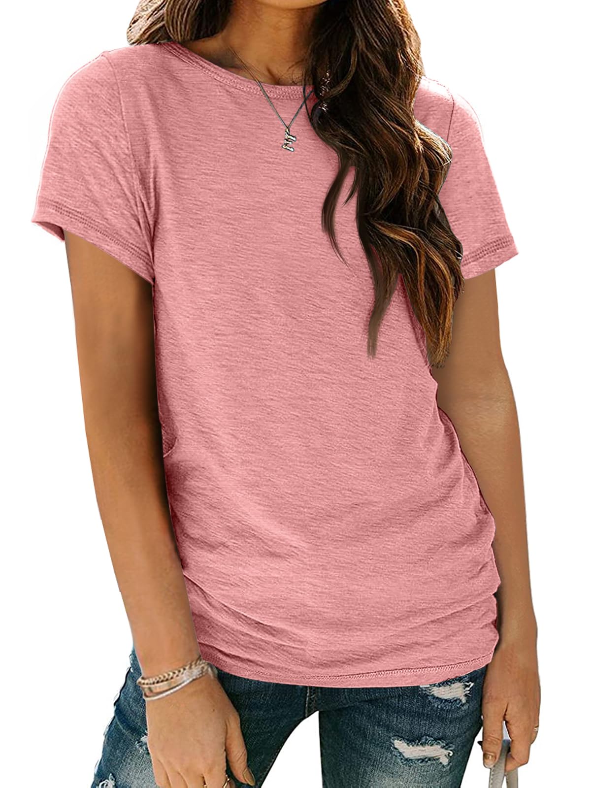 AUTOMET Women's Soft Basic Short Sleeve T-Shirt, Round Neck Top Casual Tee for Spring Summer Daily Wear