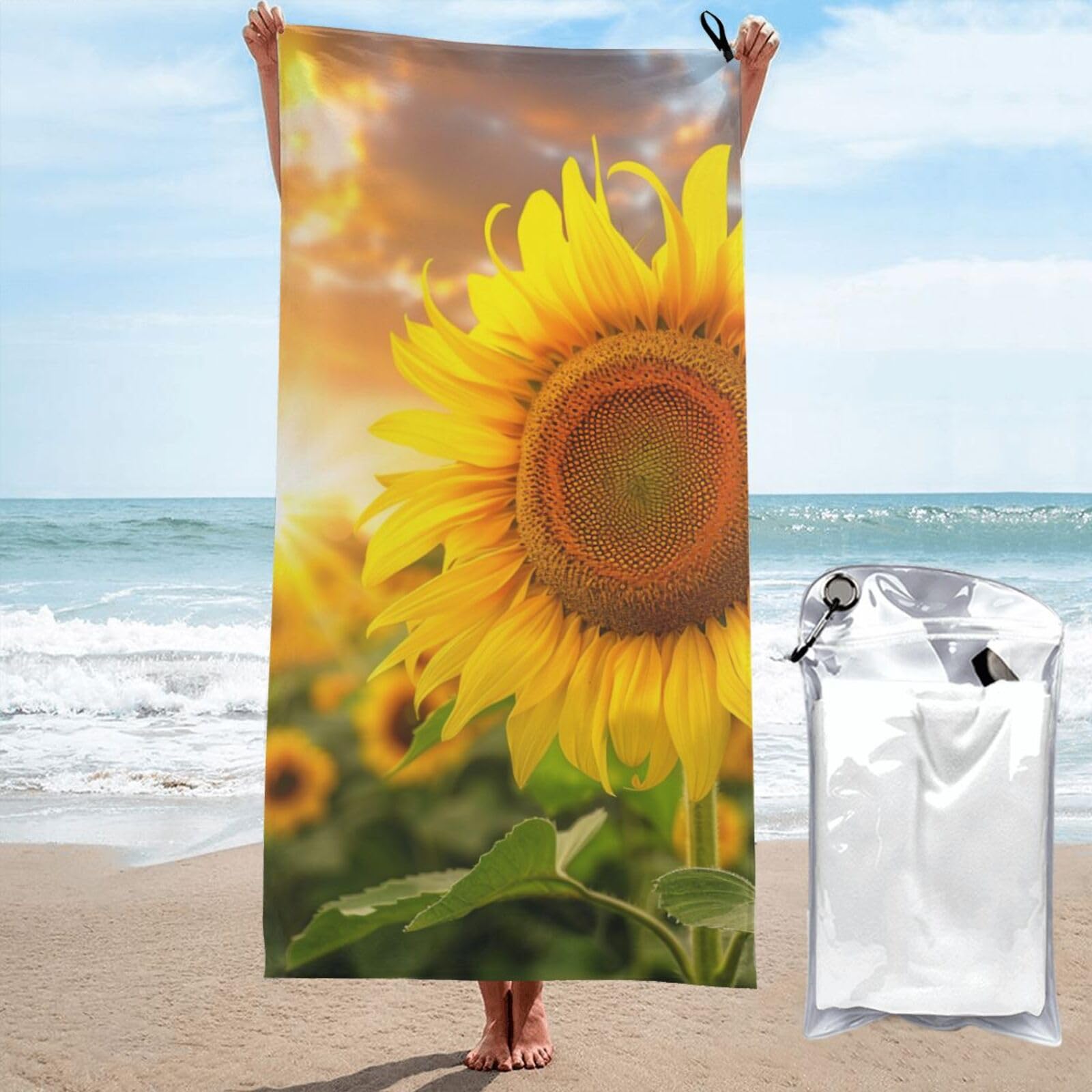 Microfiber Beach Towel, Sunflower Printed Lightweight Quick Dry Travel Bath Sheet with Compact Carry Bag for Swimming Yoga Camping Gym,31.5"x63"