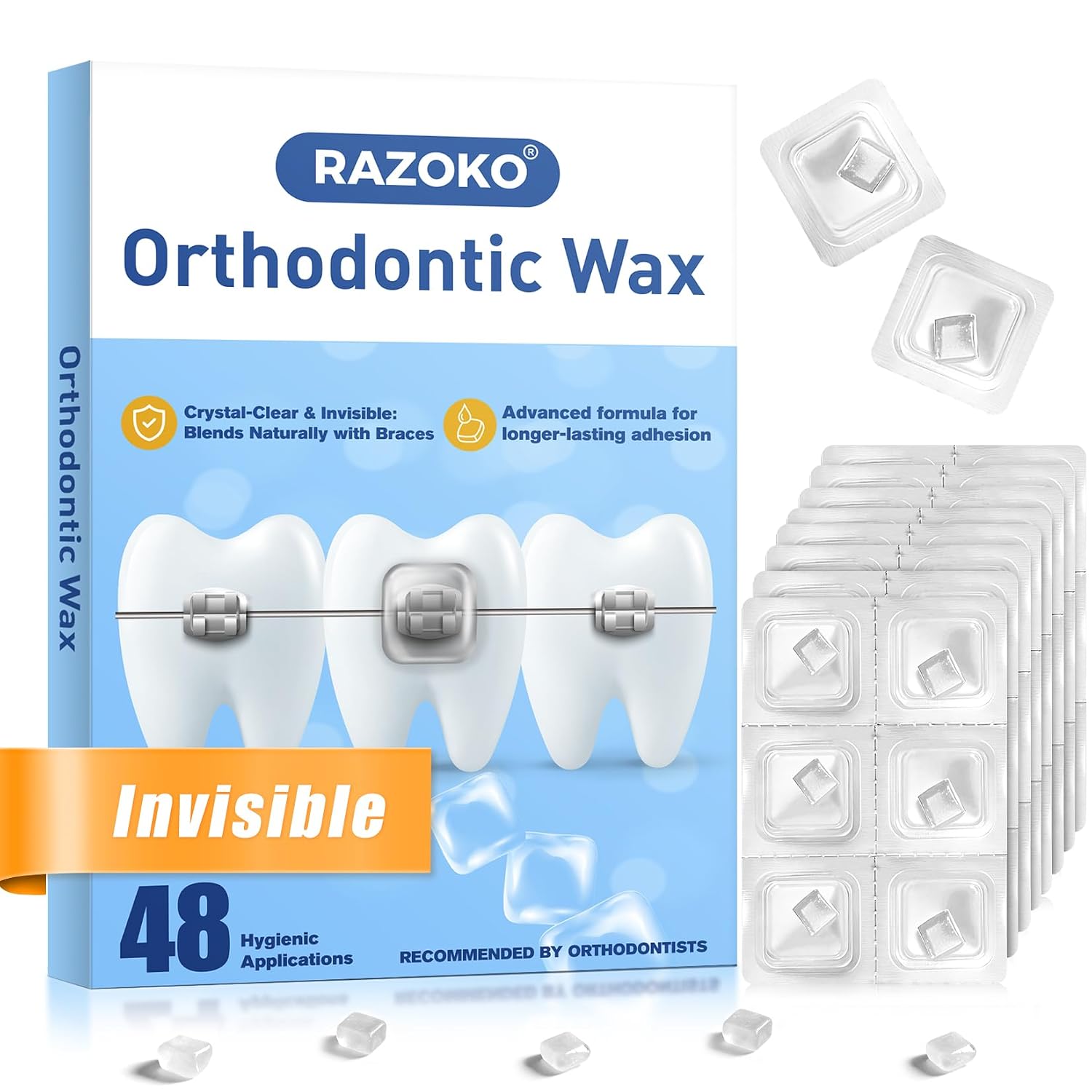 RAZOKO Orthodontic Wax for Braces Wax Dots Gentle Comfort, Clear Invisible Fit, All Day Protection 48 Individual Hygienic Packaging Dental Wax