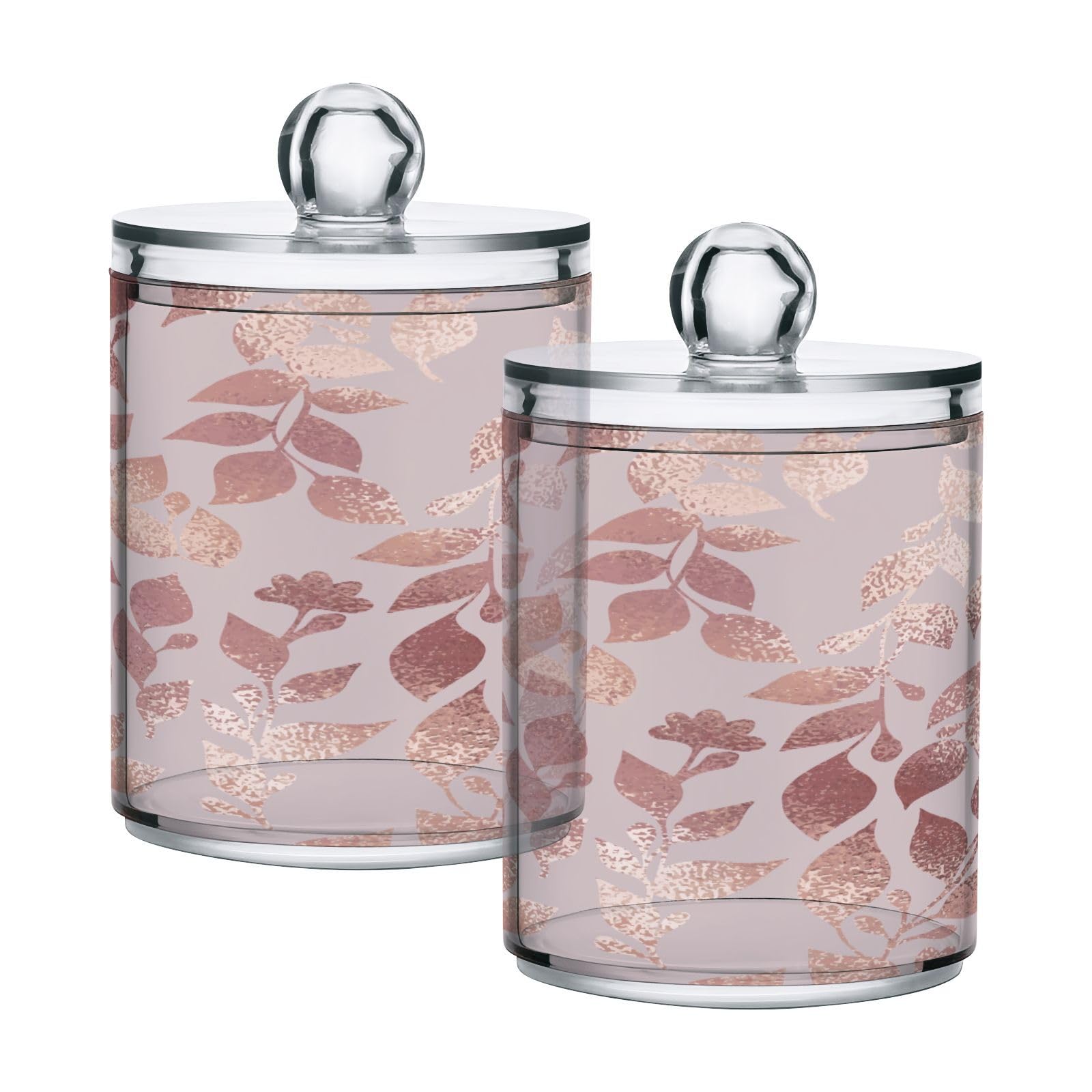 JUMBEAR 2 Pack Rose Gold Leaves Qtip Holder Organizer Dispenser，Bathroom Storage Canister Cotton Ball Holder Bathroom Containers for Cotton Swabs/Pads/Floss