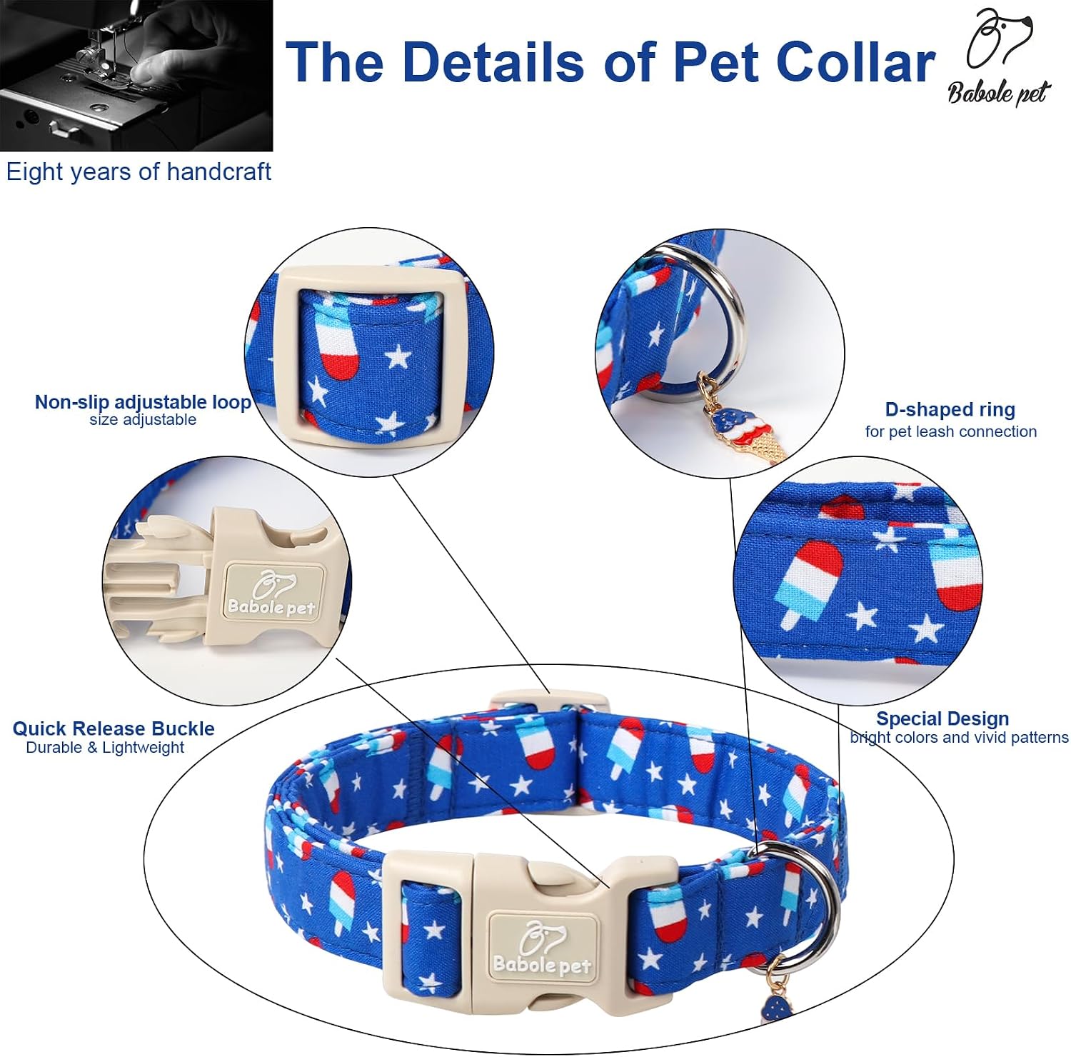 4th of July Dog Collar, Summer Popsicle Patriotic Dog Collars for Giant Large Dogs, Adjustable Lightweight Quick-Release Buckle Collar for Boy&Girl Dogs XL image 4