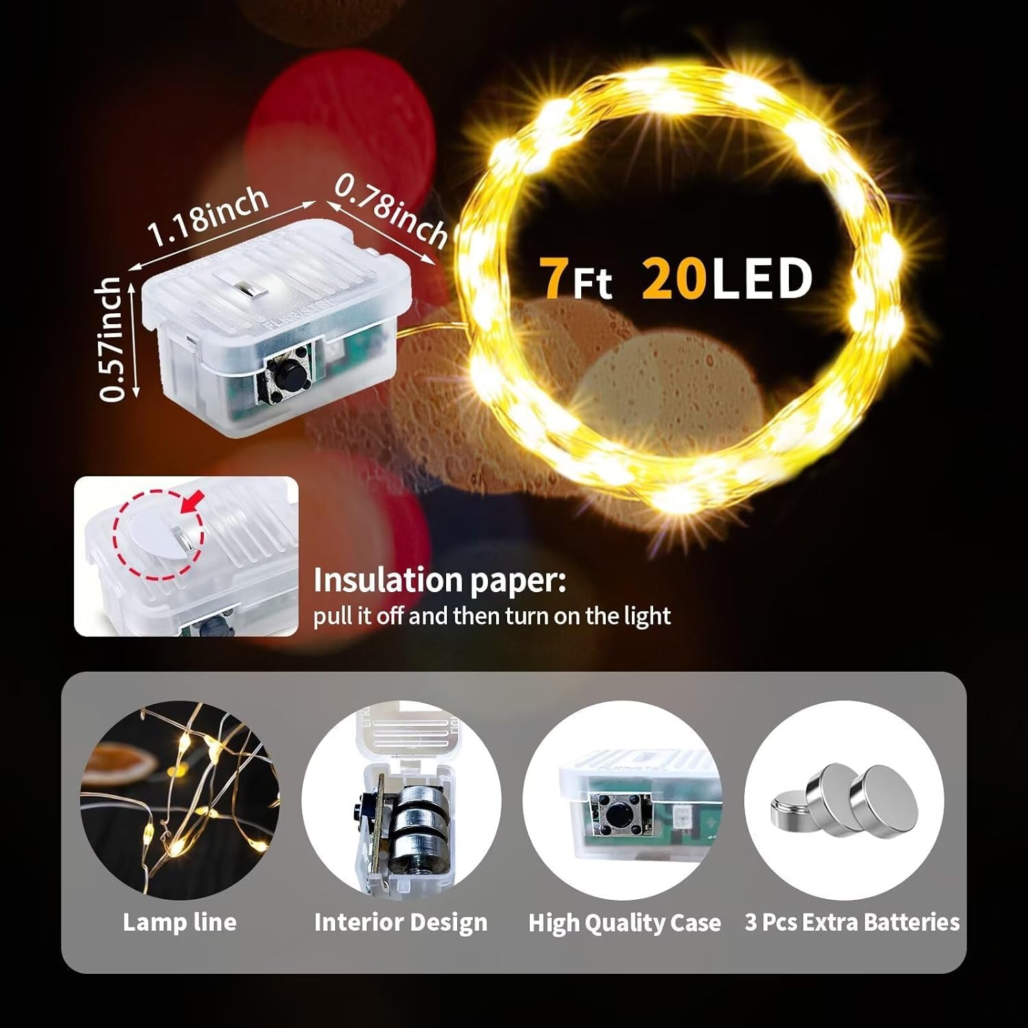 pozzolanas 50 Stück warmweiße Lichterkette, batteriebetrieben, 3 Modi, 20 LEDs, wasserdichte Lichterkette, funkelnder Silberdraht für Einmachgläser, Hochzeit, Weihnachten, Halloween, Party-Dekoration