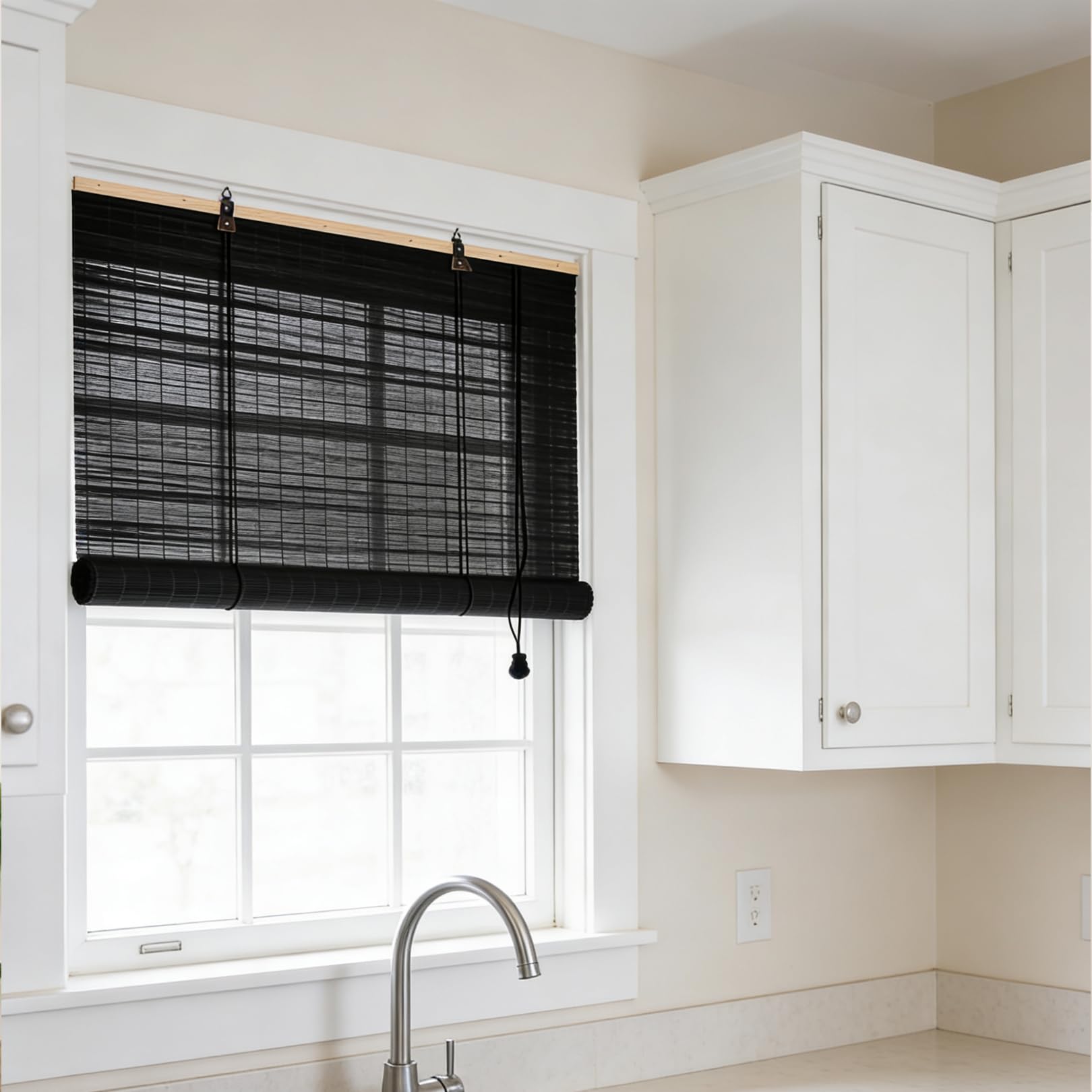 100x170cm Schwarz Bambusrollo für Fenster Sonnenschutz Sichtschutz Bambus Raffrollo Mit Lifter Outdoor Rollo Wetterfest Anti-UV Blackout Jalousie für Garten Terrasse Balkon Dekoration