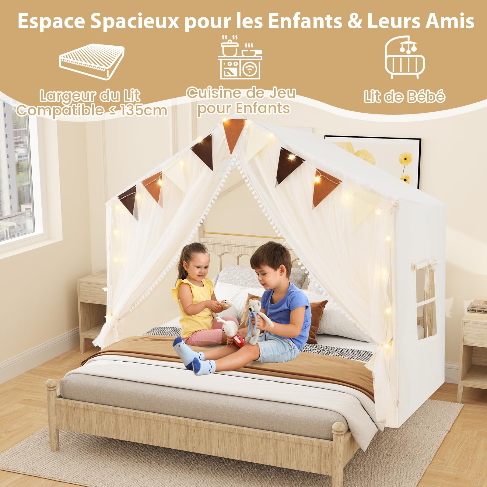 COSTWAY Tente de Jeux Enfant avec Rideaux en Tissu & Moustiquaire, Cabane Enfant Intérieure avec Guirlandes Lumineuses Étoiles & Fanions à Carreaux, Tapis Lavable, Maison de Jeux pour 3 Ans+