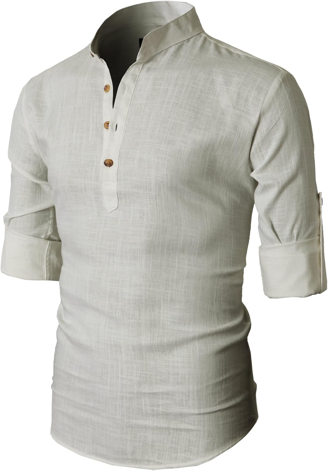 H2H Mens Casual Slim Fit Linen Henley Lightweight Roll-up Sleeve Shirt