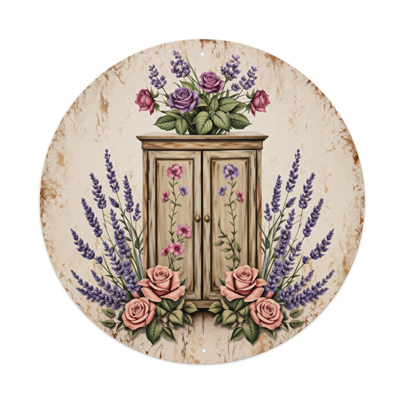 Floral Cabinet Lavender Roses Vintage Round Tin Sign Vintage Metal Poster, Home Bar Garage Man Cave Cafe Indoor & Outdoor Wall Decoration 8x8Inches