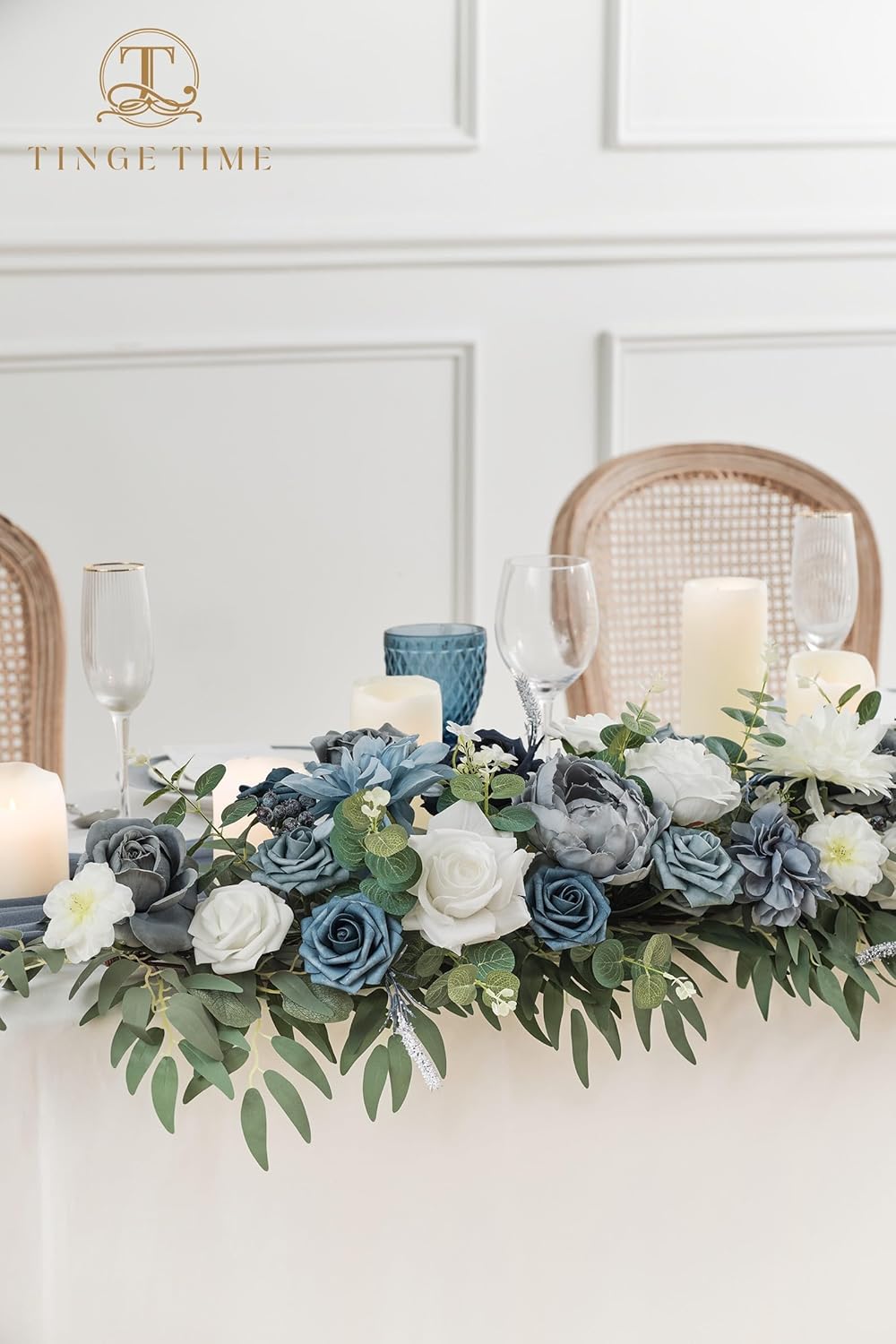 TINGE TIME Dusty Blue Flower Garlands, 2 PCS Artificial Eucalyptus Garlands, Handcraft Artificial Rose Arch Flowers for Wedding Arch Sweetheart Table Ceremony Backdrop Decorations for Home