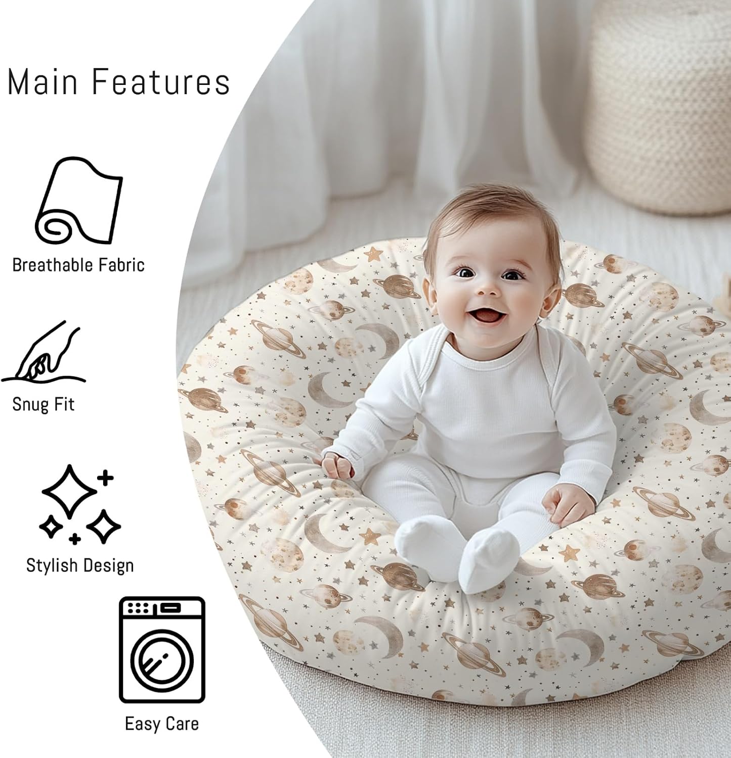 Space Moon Stars Planet Pattern Baby Lounger Cover, Unisex Removable Infant Newborn Snug Fit Floorseat Sleeping Lounger Slipcover for Boys Girls Lounger Pillow, Cover Only-24 * 26