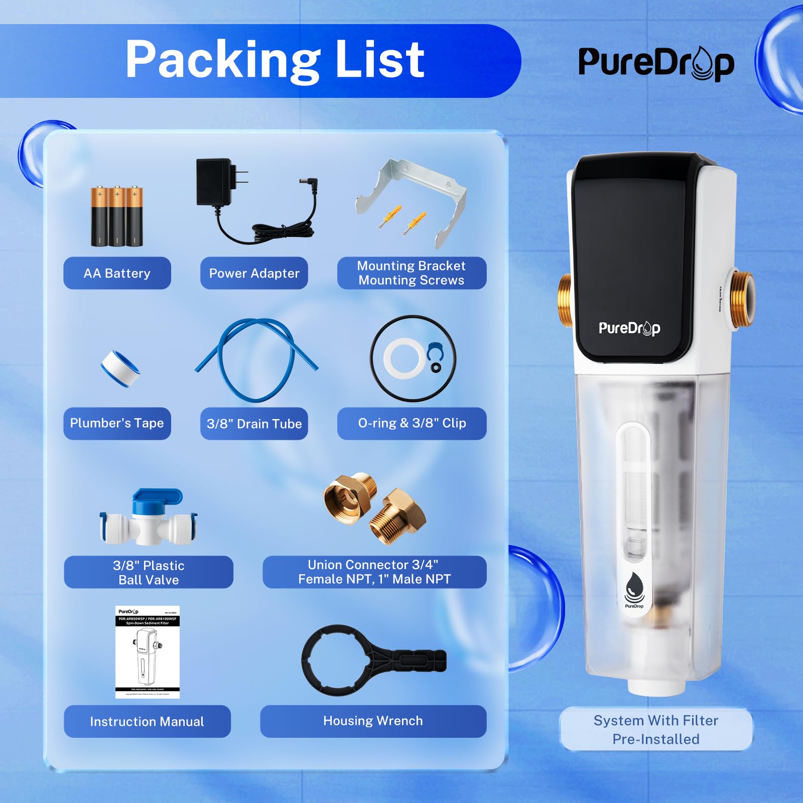 PureDrop PDR-ARB100WSP - Filtro de agua de sedimentos giratorio, módulo de descarga automática con pantalla táctil, filtro de sedimentos reutilizable para toda la casa para agua de pozo con raspador