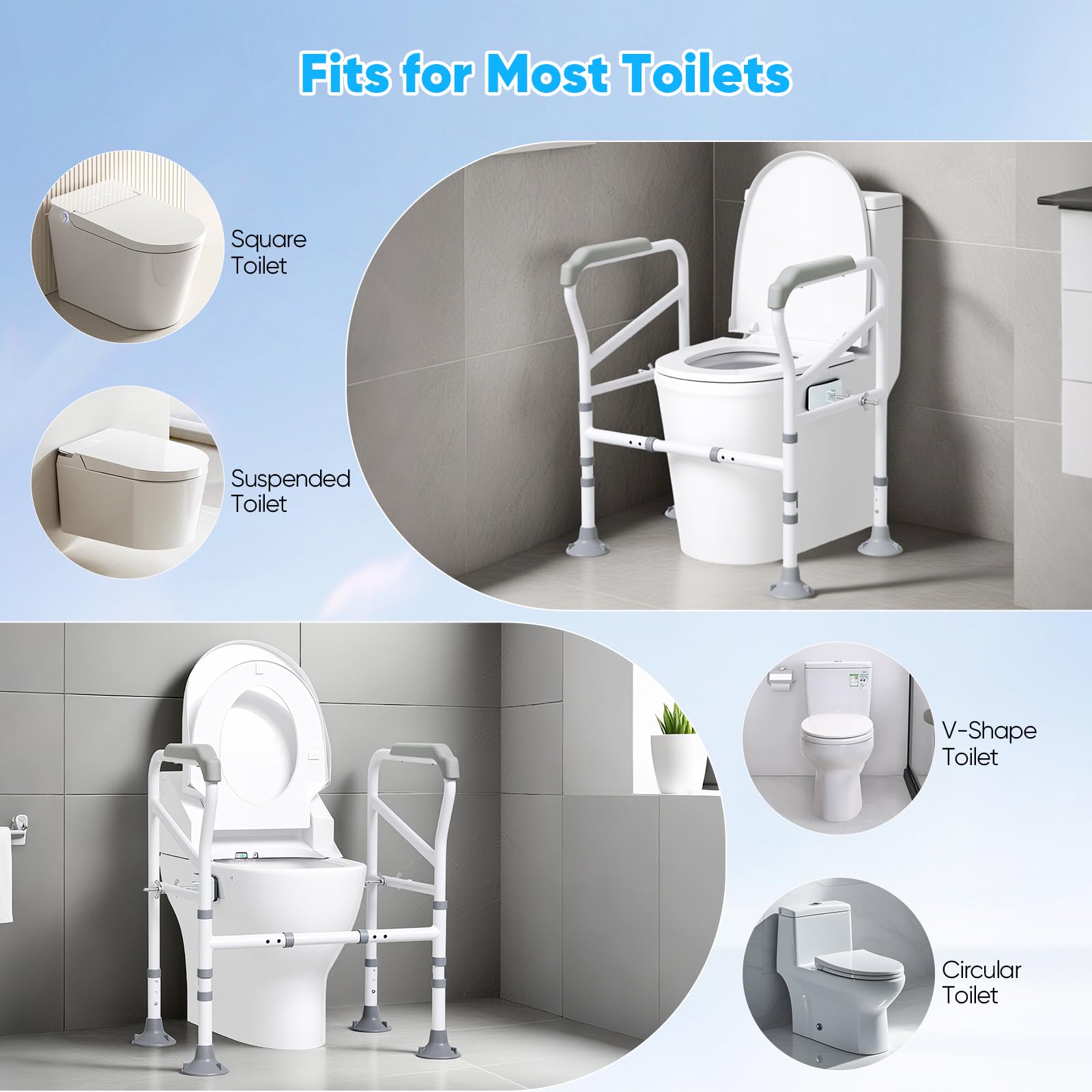 Barre di sicurezza per WC 150 kg/300 libbre, barre per WC regolabili in larghezza e altezza, telaio per WC con grandi ventose, per anziani, disabili e portatori di handicap
