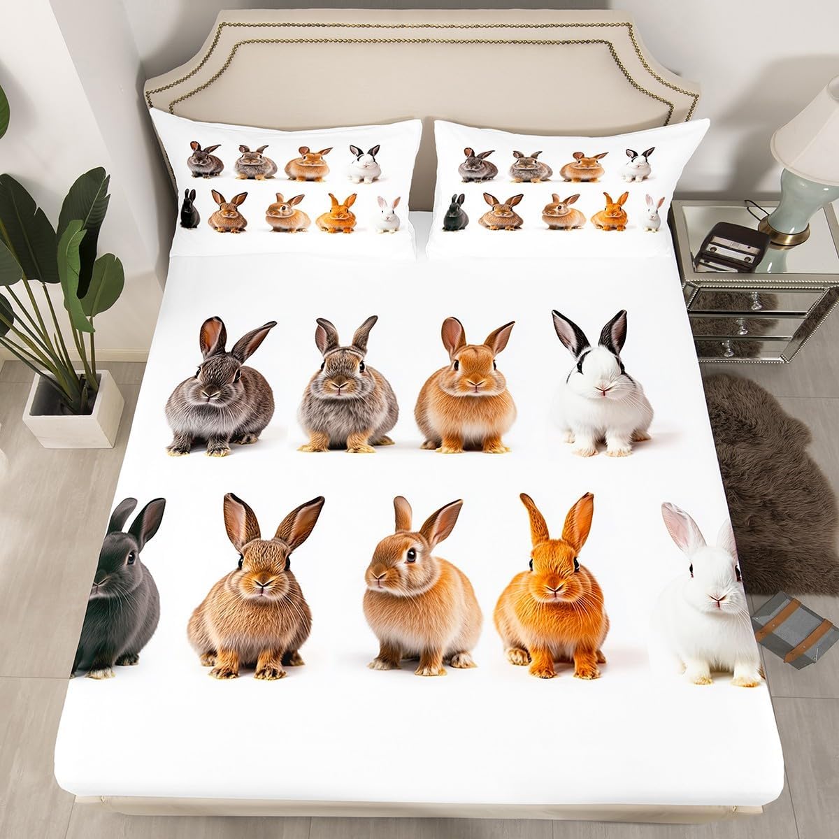 Feelyou Girls Cute Rabbit Bedding Set for Kids Daughter 3D Pet Animal Theme Fitted Sheet Lovely Hare Bed Sheet Set Room Decor Rabbit Lover's Gift Bed Cover Twin Size 2Pcs