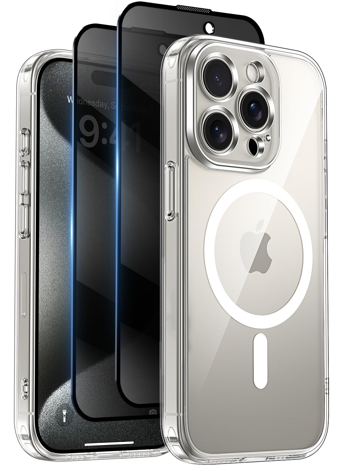 Qasyfanc für iPhone 15 Pro Max Hülle mit Mag Safe mit 2 Stück Sichtschutz Schutzfolie Magnetisch Handyhülle Matt Hard PC Kratzfest Stoßfest Transluzente Schutzhülle - Transparent