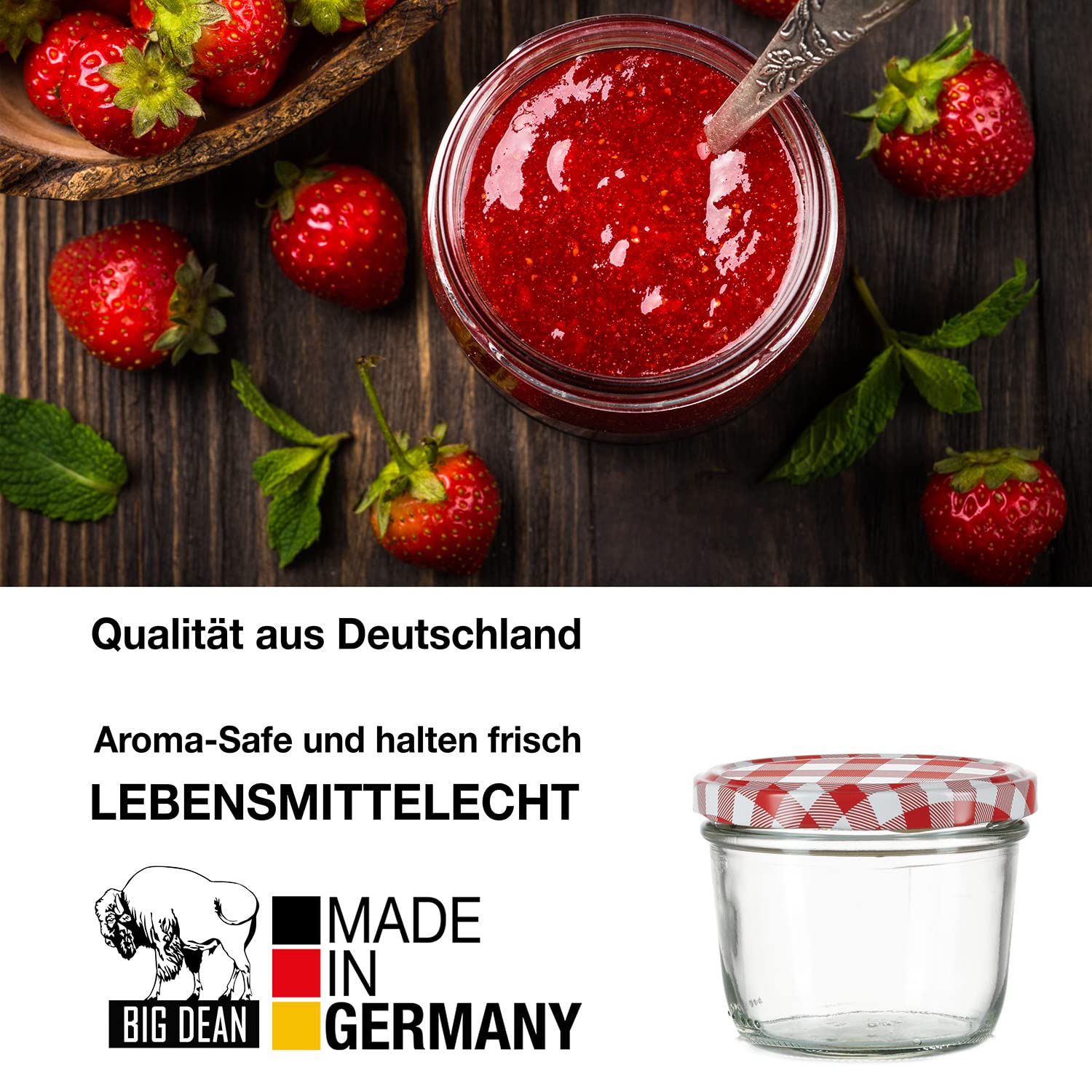 BigDean 108 Marmeladengläser 125ml mit Deckel kleine Schraubgläser TO66 | Einmachgläser klein, Gläser zum Verschenken, Sturzgläser mit Deckel TO 66, Rot kariert - Made in Germany