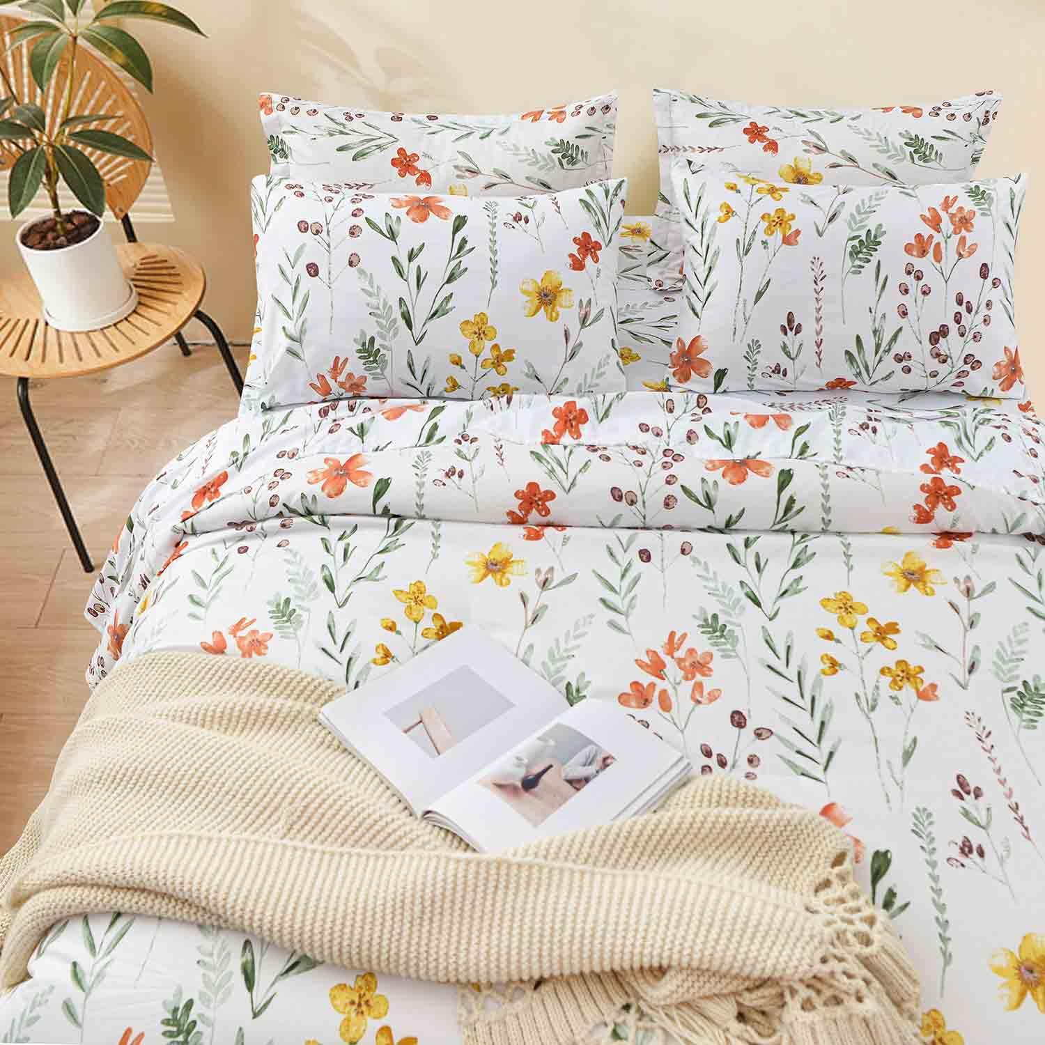 7 Pcs Queen Size Comforter Set with Sheets, White Yellow Floral, Green Leaf Pattern Print Reversible Down Alternative Bed Sets - 90x90 Soft Microfiber Duvet Farmhouse Bedding in a Bag for Women Men