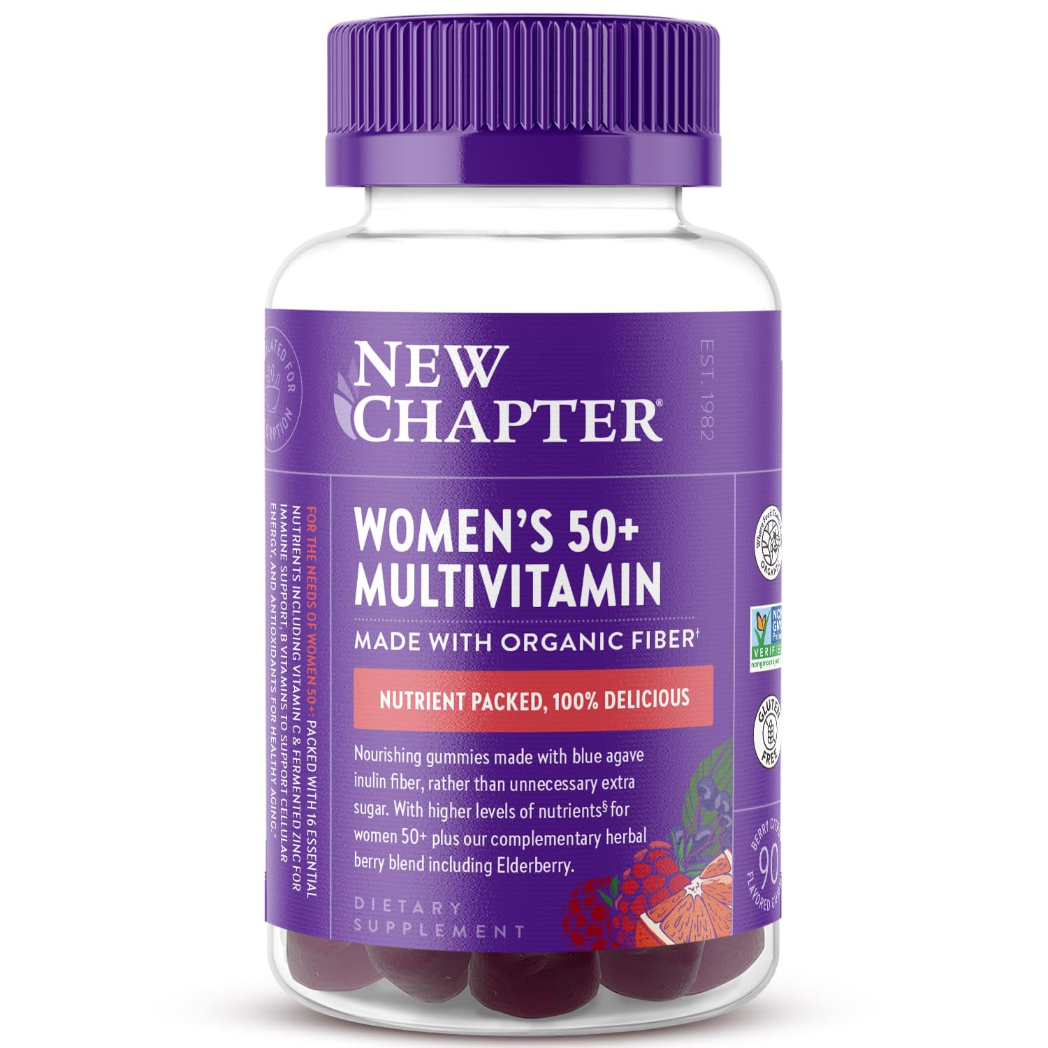 New Chapter Women’s 50+ Multivitamin Gummies – 66% Less Sugar, Women’s Healthy Aging Gummy Vitamins with Vitamin C, B Vitamins & Zinc, Non-GMO, Gluten Free, Berry Citrus Flavored, 90 ct