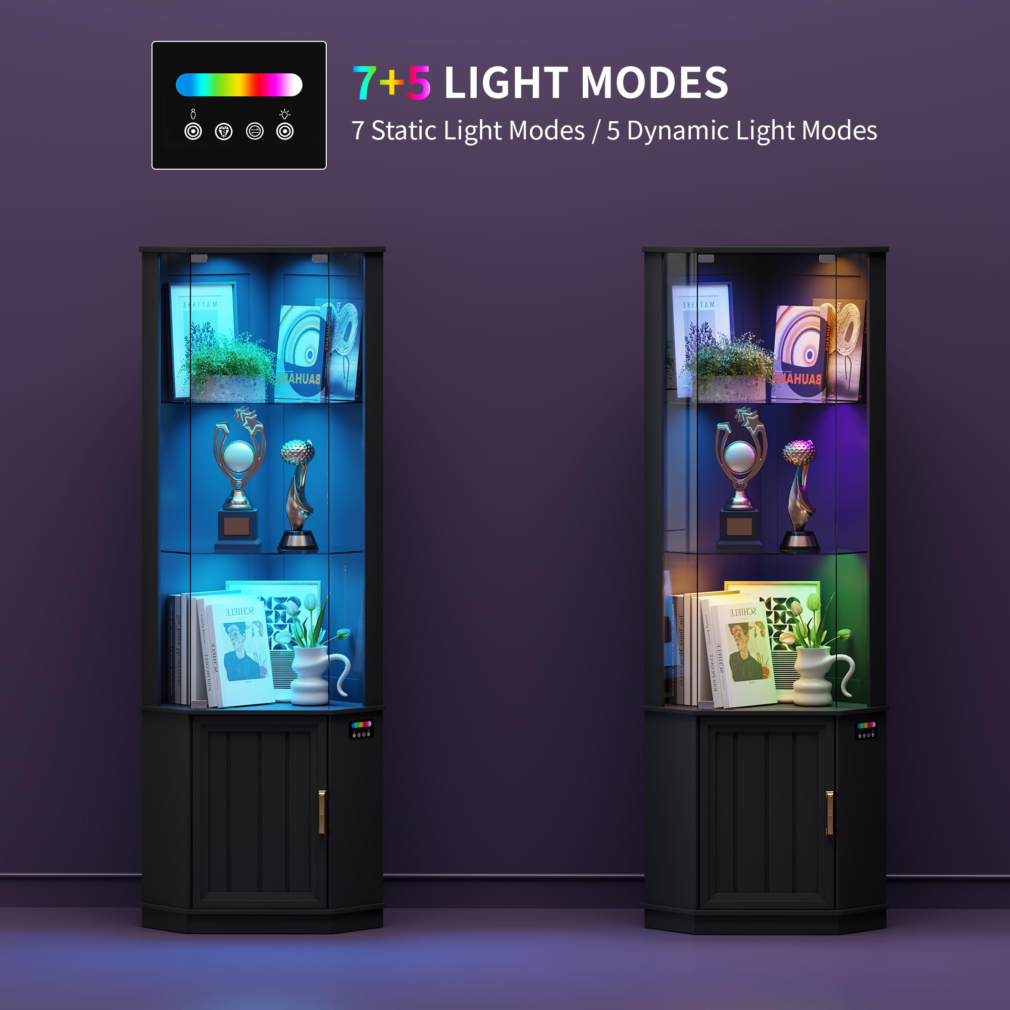 Gurexl Vetrina in Vetro con Illuminazione RGB a 24 Colori,Vetrina Angolare con Sensore e Porta In Vetros & Serratura,Vetrinas Angolare con Ripiani Regolabili e 1 Portaoggetti Per Libreria,Curio,Nero