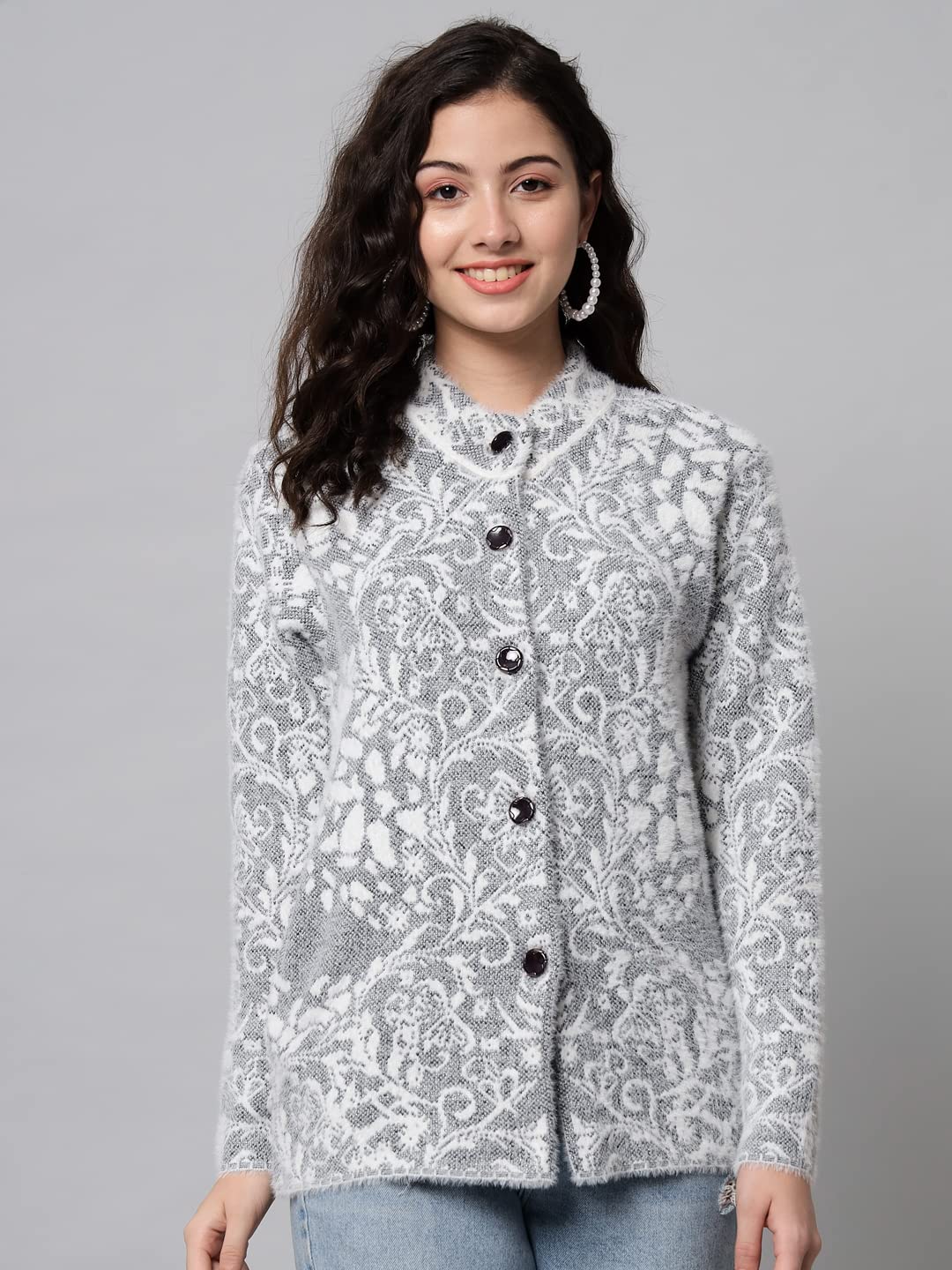 eWools Women's Wool Round Neck Cardigan (L, Black) - Image 2 thumbnail