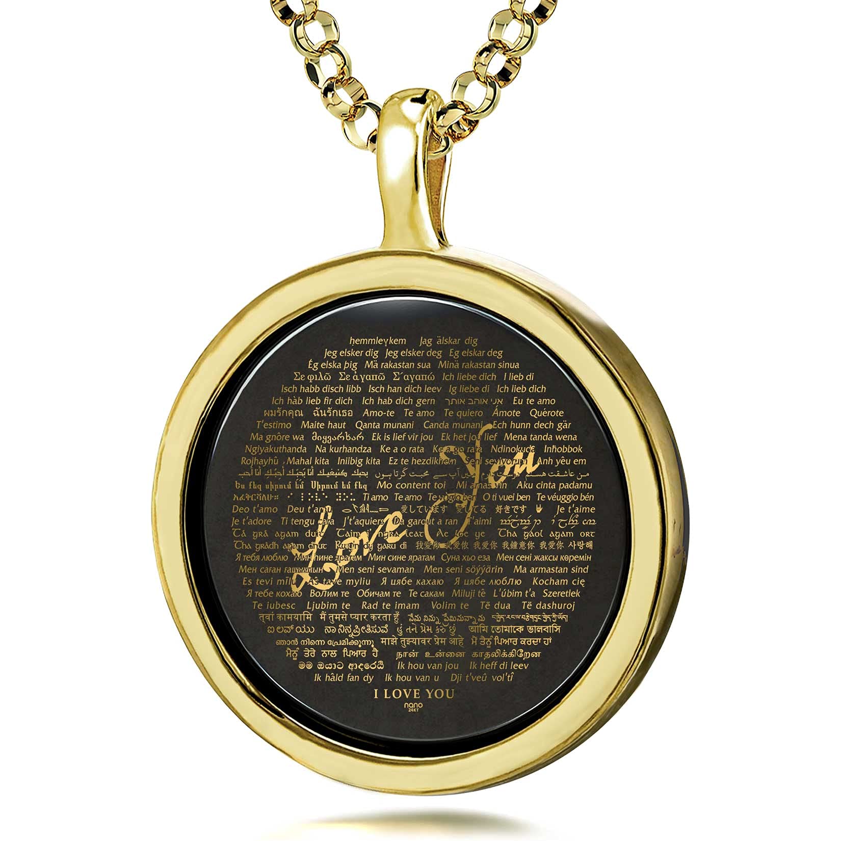 NanoStyle'NanoStyle Women's Love You Necklace I Love You Birthday Gift Pendant Pure Gold Inscribed in Over 100 Languages in Miniscule Text on Round Black Onyx Gemstone, 18'' Rolo Chain'