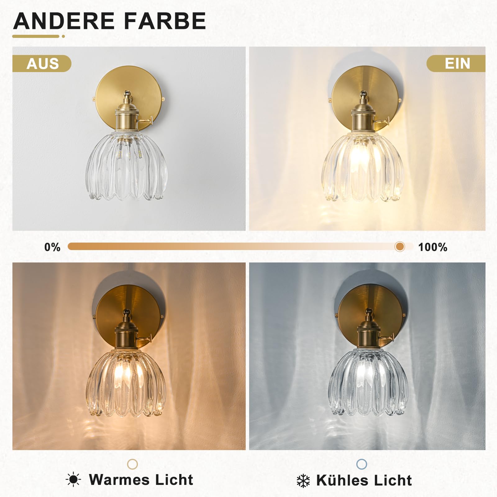 Festverdrahtete Wandleuchte, Vintage wandleuchte mit Schalter, Goldene Armatur mit Tulpen-Transparentglas-Lampschirm, Wandlampe Innen, Wandlampe mit Schalter, Leuchtmittel Nicht Enthalten