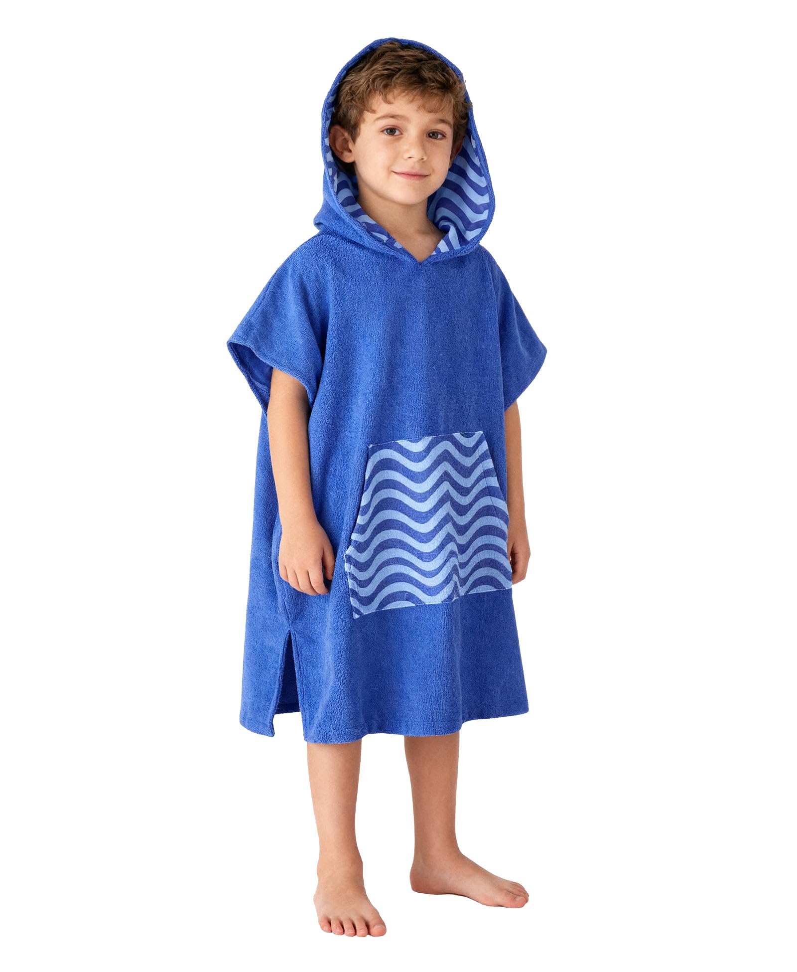 MissShorthair Towel Poncho for Kids, Hooded Beach Towel for Girl&Boy, Surf Poncho Swim Changing Robe Microfiber Bath Towel 11-14 Years Blue Stripes