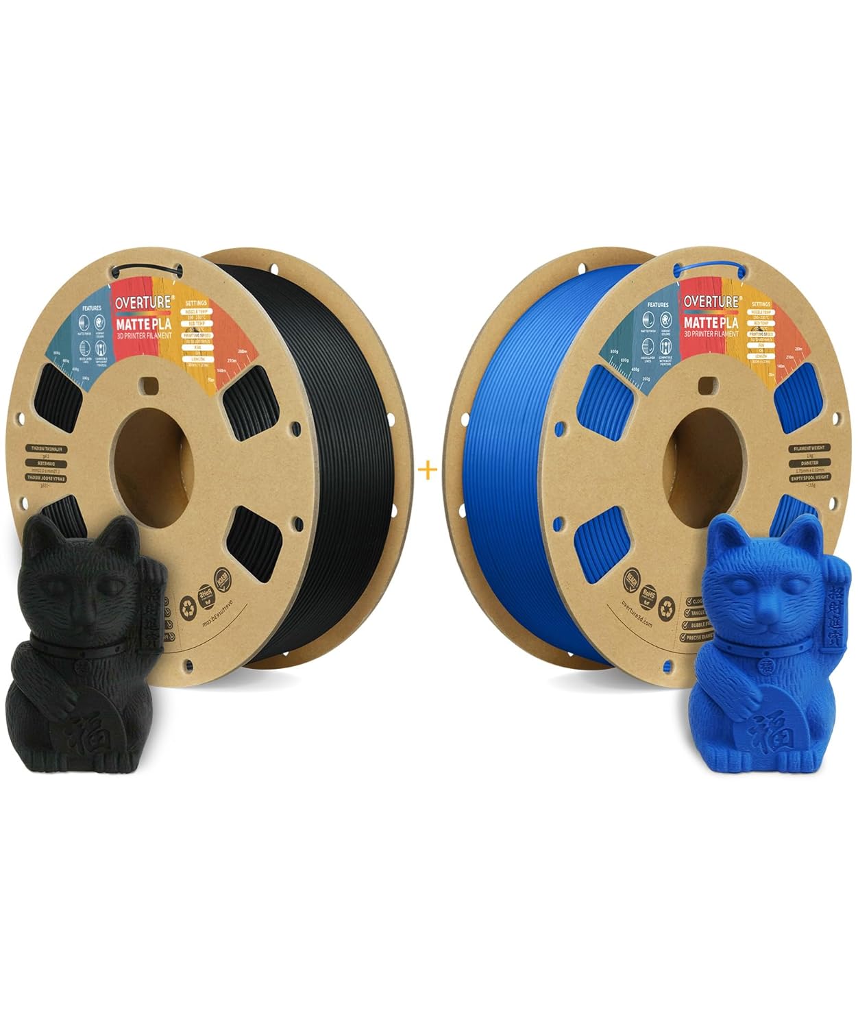 OVERTURE 3D Printer Filament 2kg, Matte PLA Filament Fit Most FDM 3D Printers, 1kg per Spool, Pack of 2, Matte PLA Matte Black+Matte PLA Matte Blue