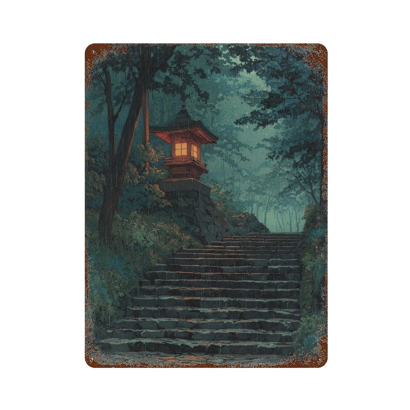 xiaoxiaoshen Lantern On Stone Stairs. Japanese Ghibli Wall Decor Art Metal Tin Poster Modern Home Decor Art Home Bar Shop Decorations Vintage Sign 40x30cm