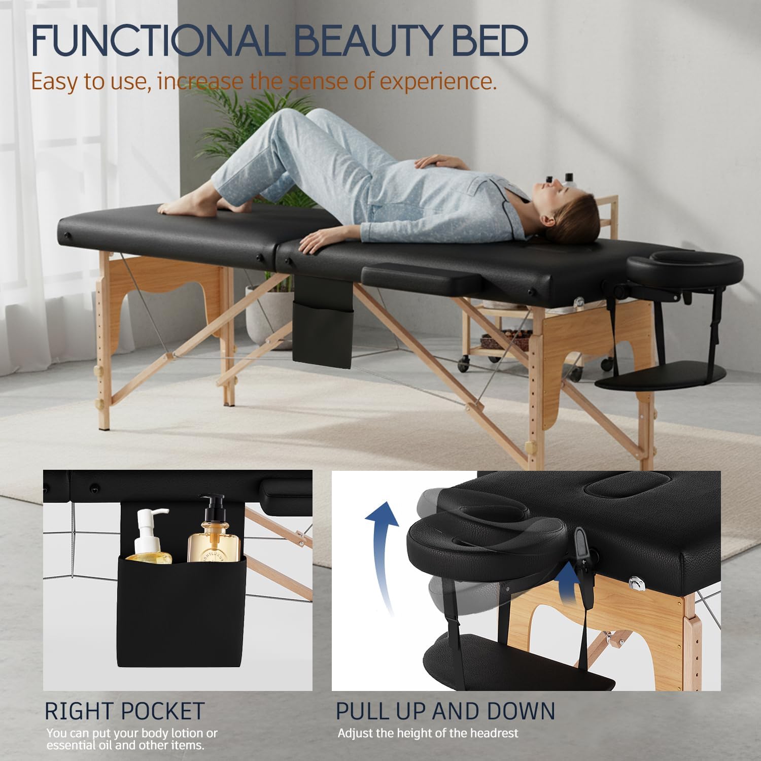 VIRRMO Portable Massage Table with Neck Stretcher, Adjustable Lash Bed Massage Bed Tattoo Table for Eyelash Extensions Beauty Tattoo,Black