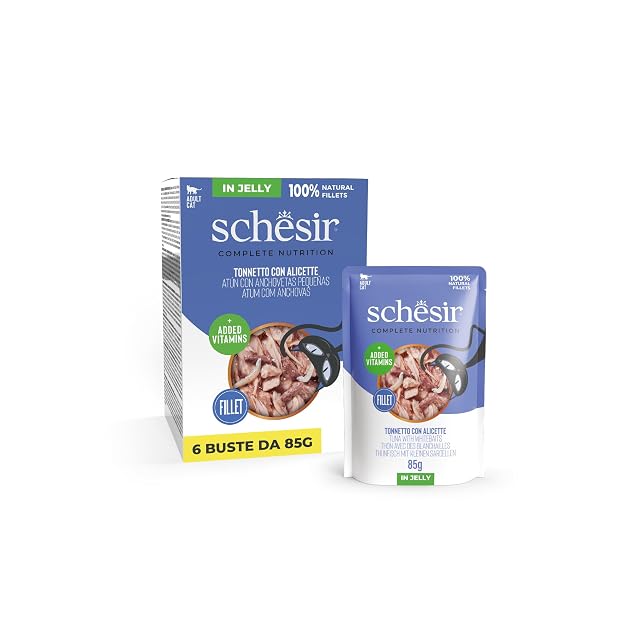 Schesir, Atún con Anchoitas en Gelatina, Comida Húmeda Completa para Gatos, en Sobres, con Vitaminas Añadidas