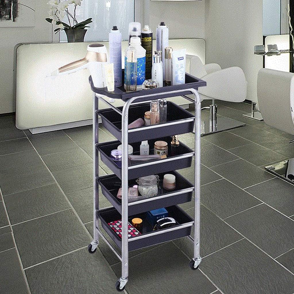 Beauty Storage Trolley Multi-Purpose car, top Plate with Hair Dryer Bracket / 4 Universal Wheel for Salon Beauty Massage spa Silver/Black (D Five Floors)