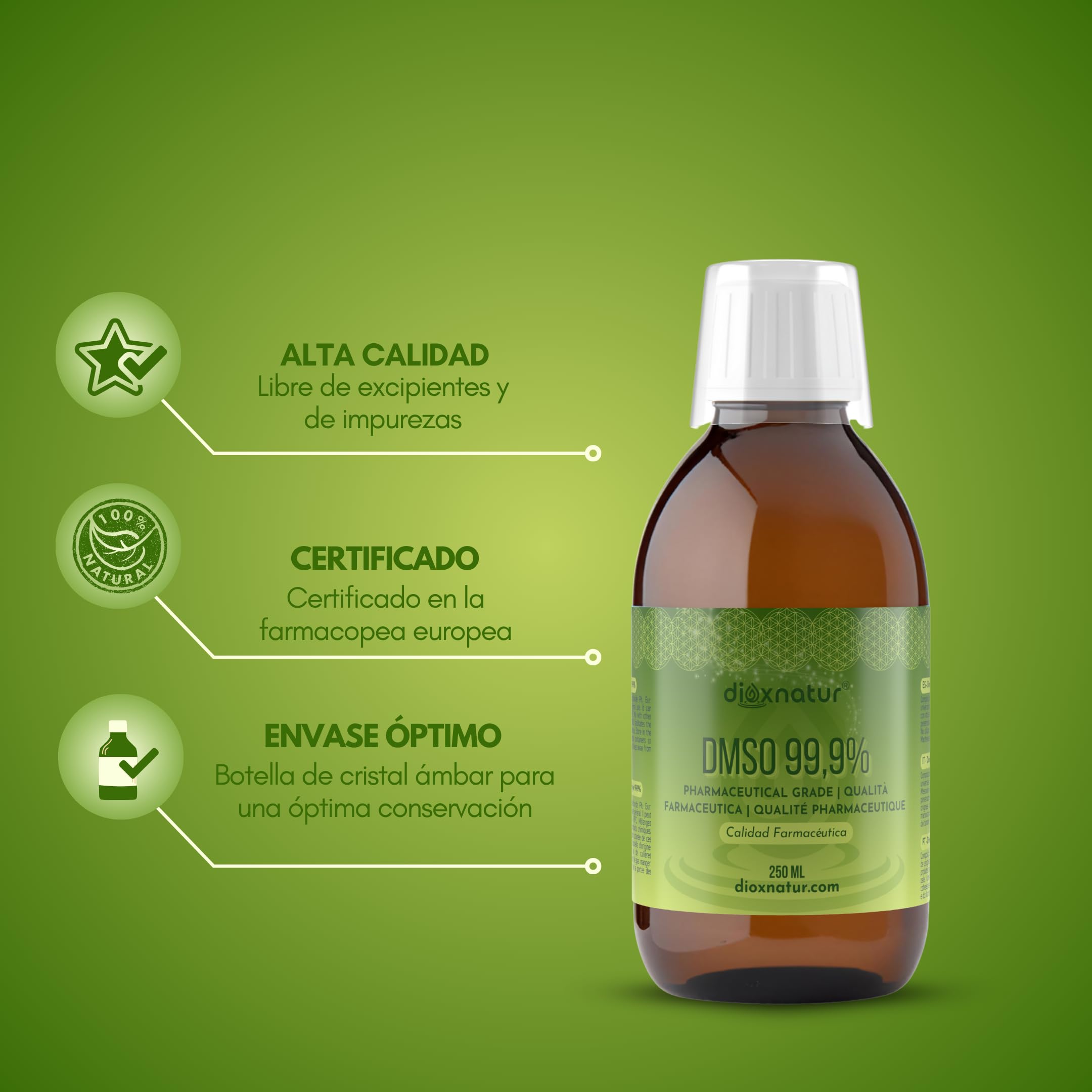 DMSO 99,9% 250ml Dimetilsulfóxido Grado Farmacéutico - Botella + Spray Vaporizador cristal ámbar