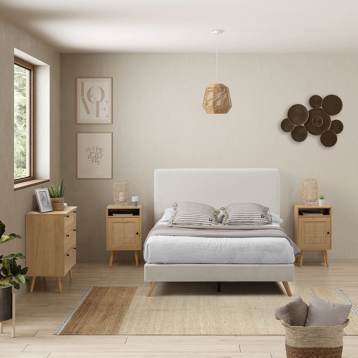 HOMN LIVING Mesita de Noche Bella 1 Puerta Color Roble, ratán Natural, 40 cm (Ancho) 39 cm (Profundo) 70 cm (Altura)