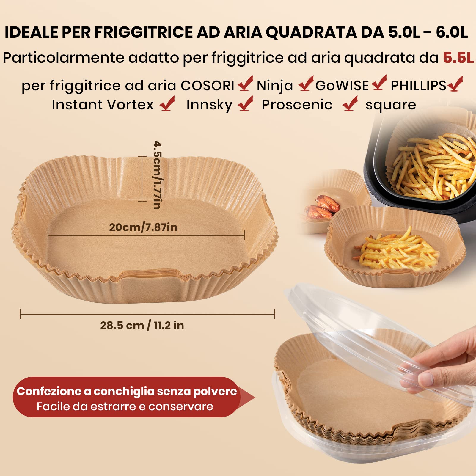 Carta Forno Per Friggitrice Ad Aria Quadrata - 200 Pezzi, 20-24cm, Antigrasso