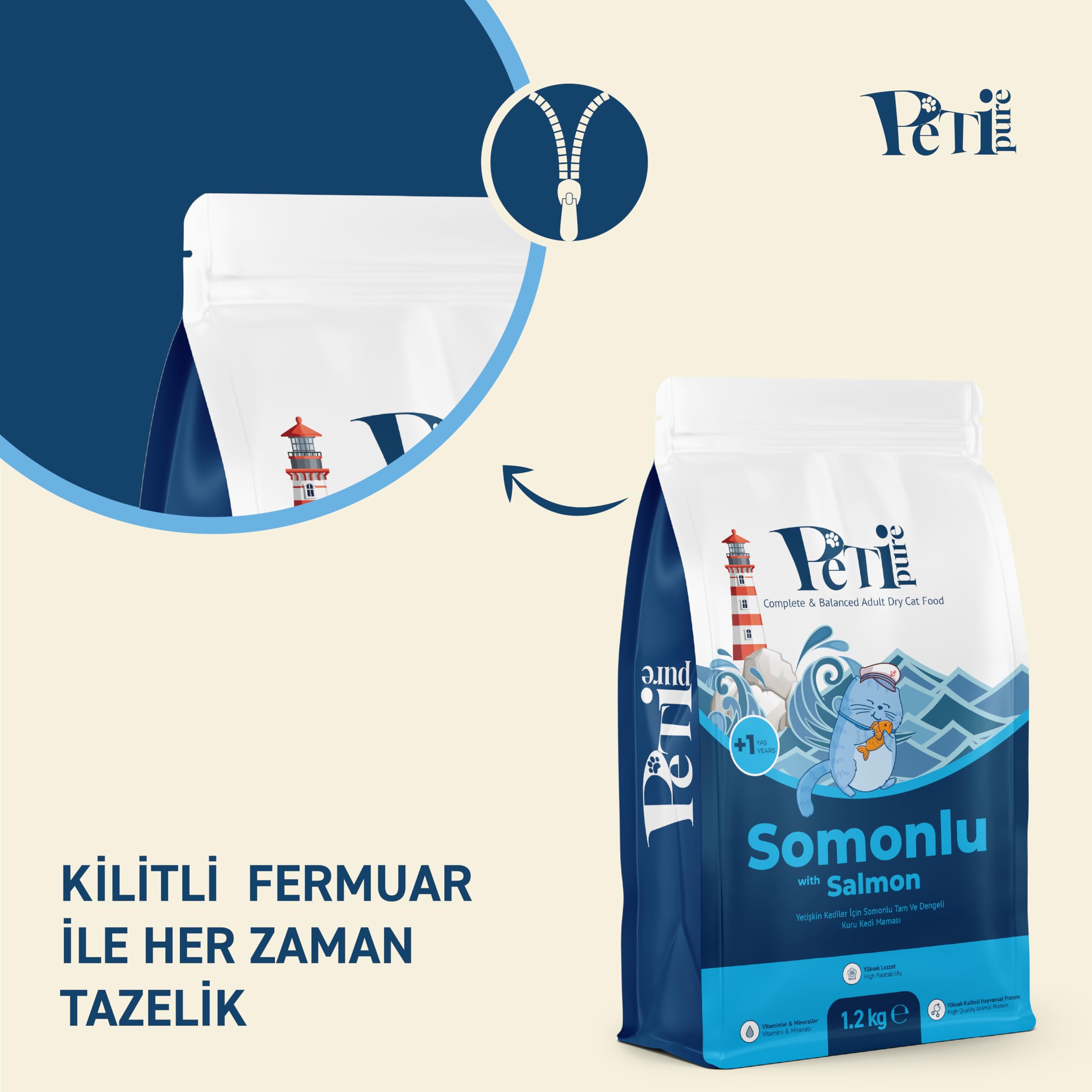 Petipure Kuru Yetişkin Kedi Maması - Besleyici Vitamin İlaveli Tam ve Dengeli Mama (1,2 Kg, Somon) (2 paketi)
