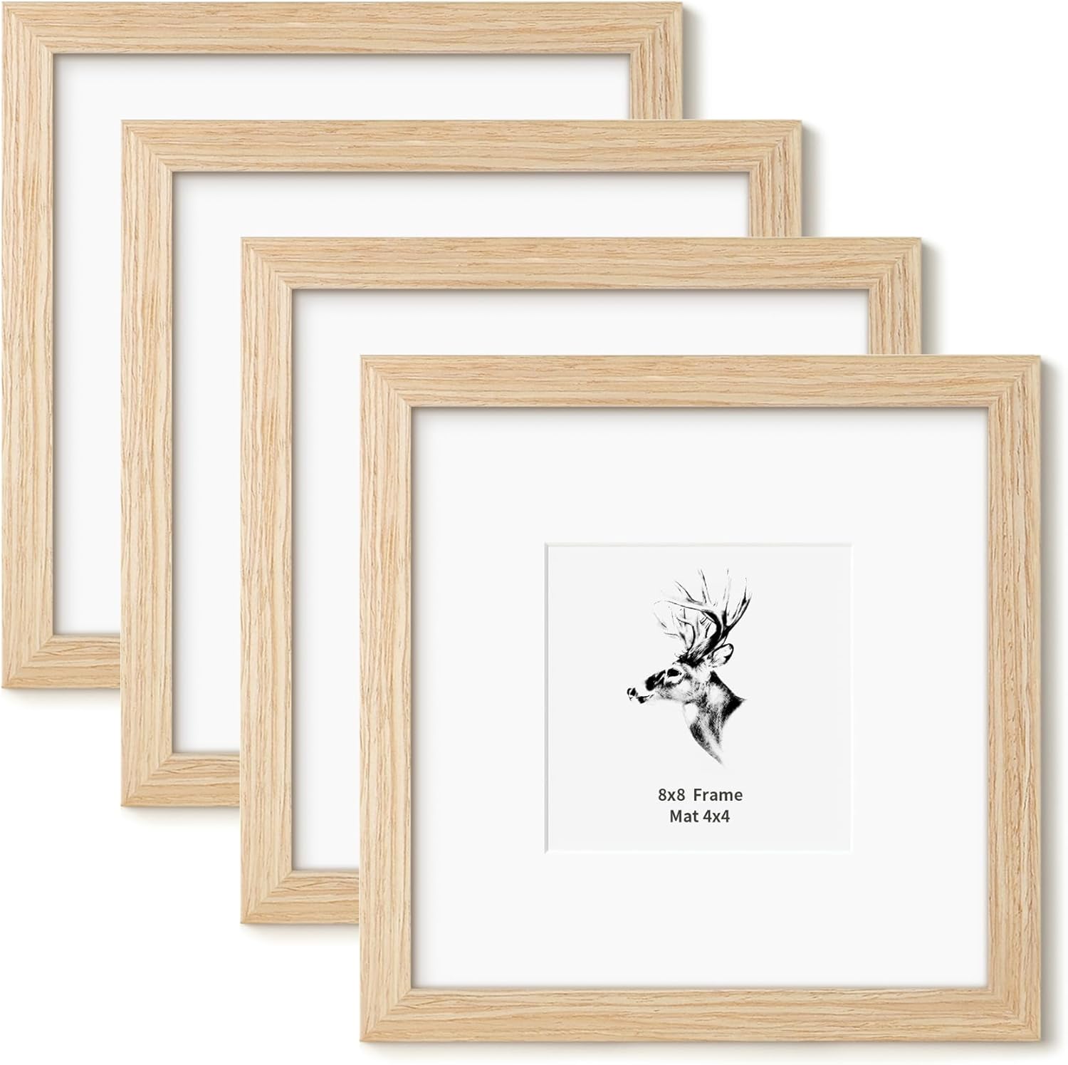 Yaetm Square 8x8 Oak Wood Picture Frame, Natural Solid Wood Frame with Tempered Real Glass, Display 4x4 Photo with Mat or 8 x 8 Art Print without Mat, Wall Mount - 4 Pack, Oak Oak 8x8" - 4 pack