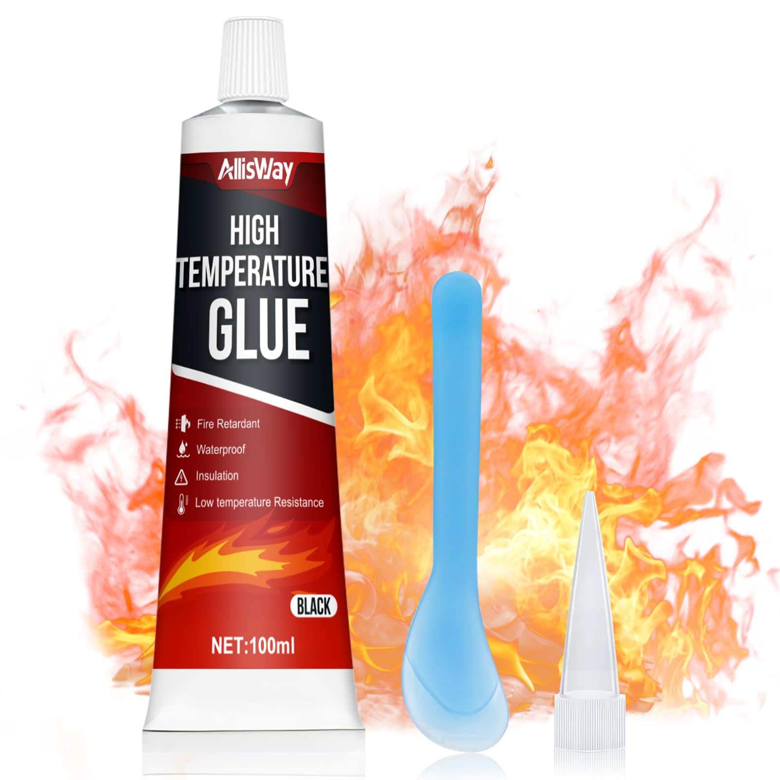 AllisWay Pegamento Alta Temperatura, 100 Ml Silicona Anticalorica, Sellador Tubo Chimenea, Silicona Alta Temperatura para Horno Microondas, Horno, Cocina de Inducción, Campana Extractora, Negro