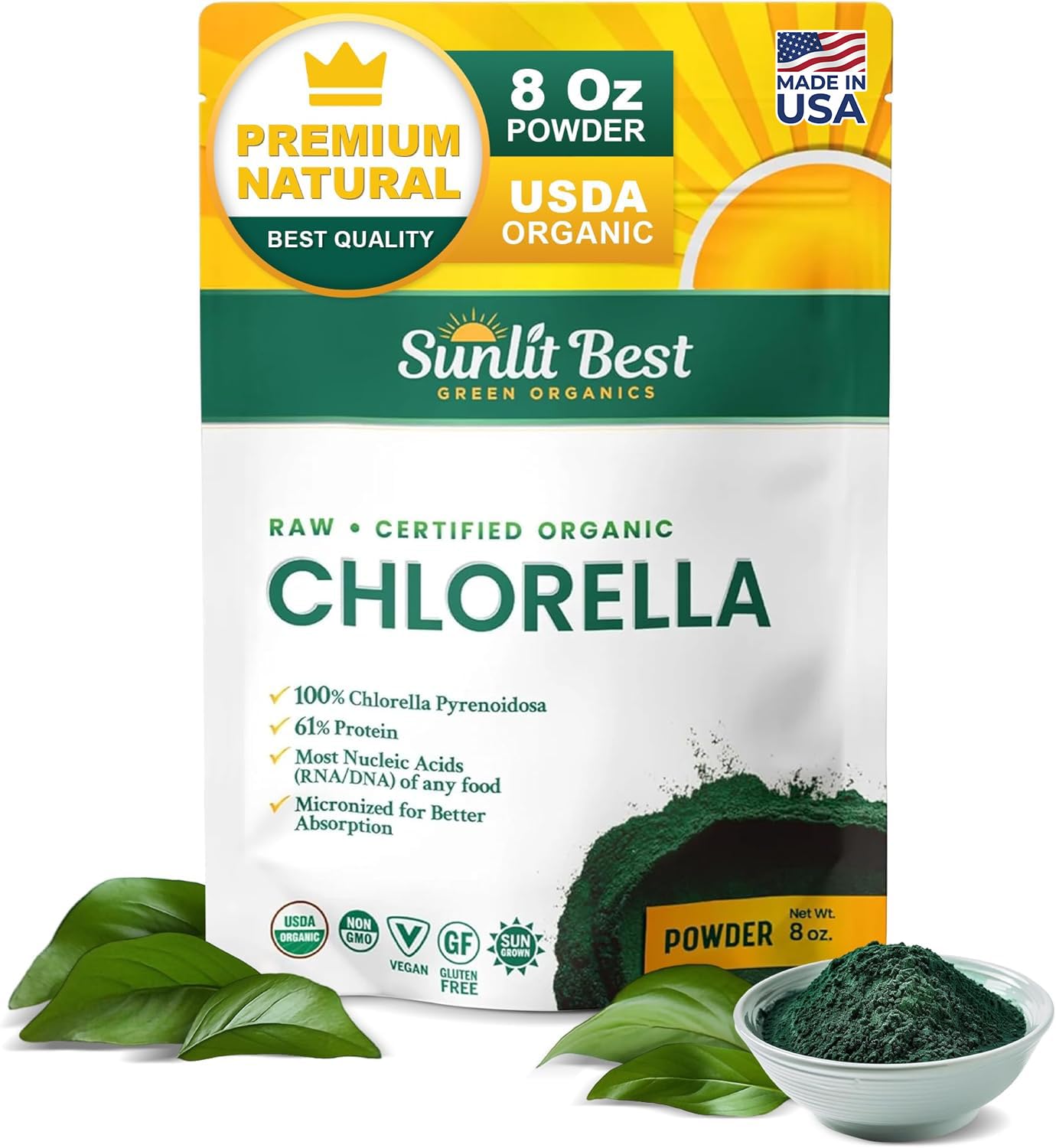 Sunlit Best Organic Chlorella Powder, Green Algae Natural Superfood, 8 Oz 8 Ounce (Pack of 1)