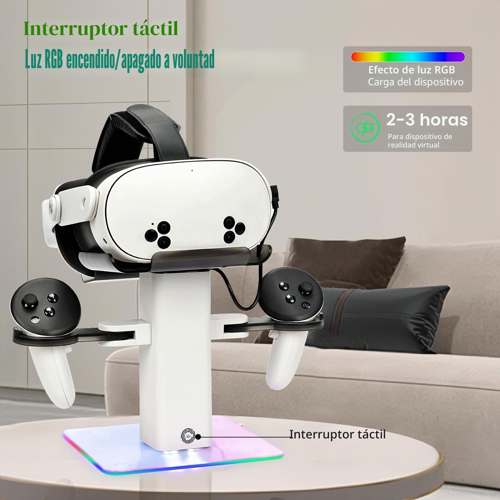 Base de Carga de diseño Compatible con Accesorios Meta Quest 3S/Quest 3, Soporte Vertical de Carga RGB, luz LED Inferior y Alfombrilla Antideslizante (Blanco)