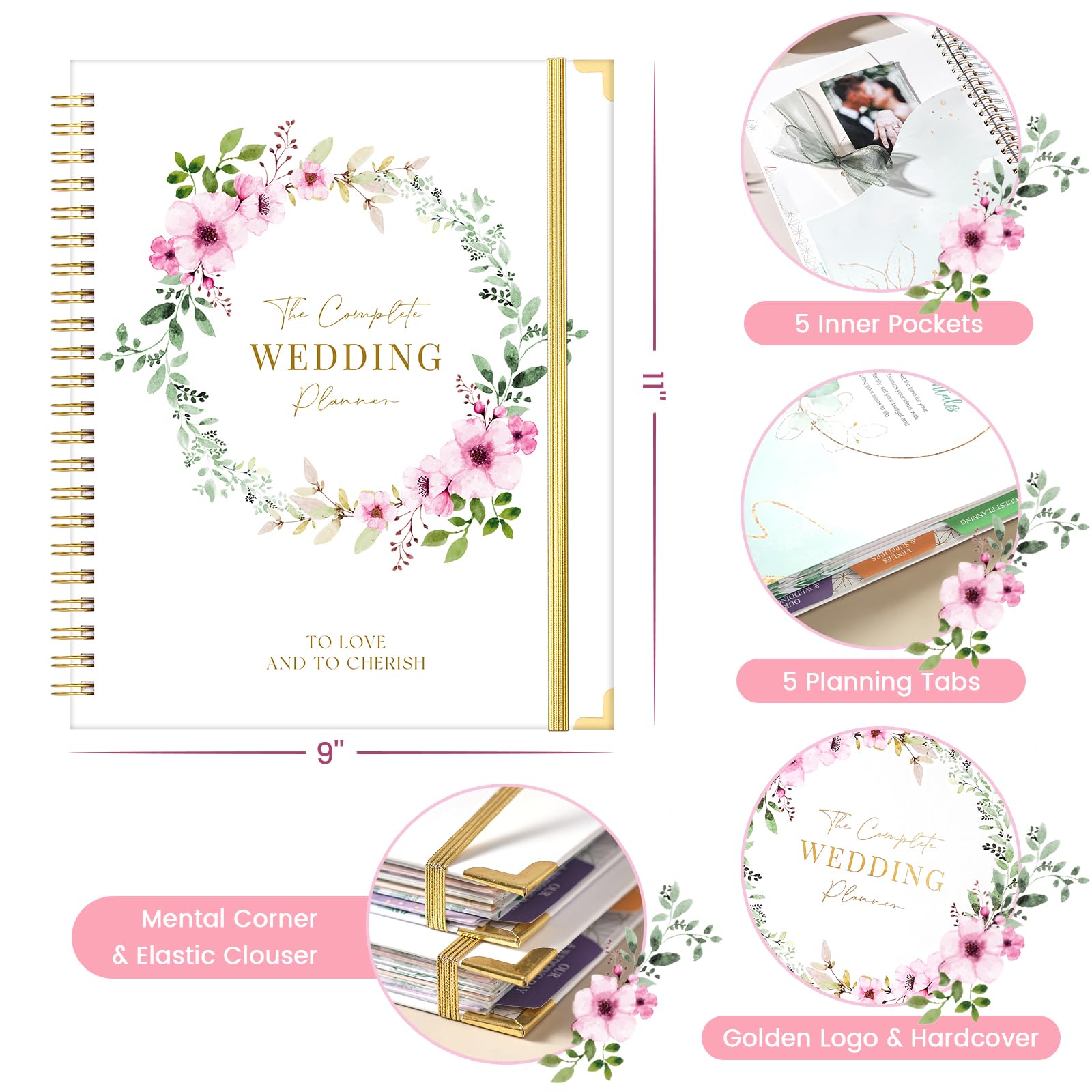 Hochzeitsplaner für Braut – Hochzeitsplanerbuch und Organizer, 21,6 x 27,9 cm, mit Registerkarten, Metallecken, 5 Innentaschen, Aufkleber, Hochzeits-Countdown-Kalender