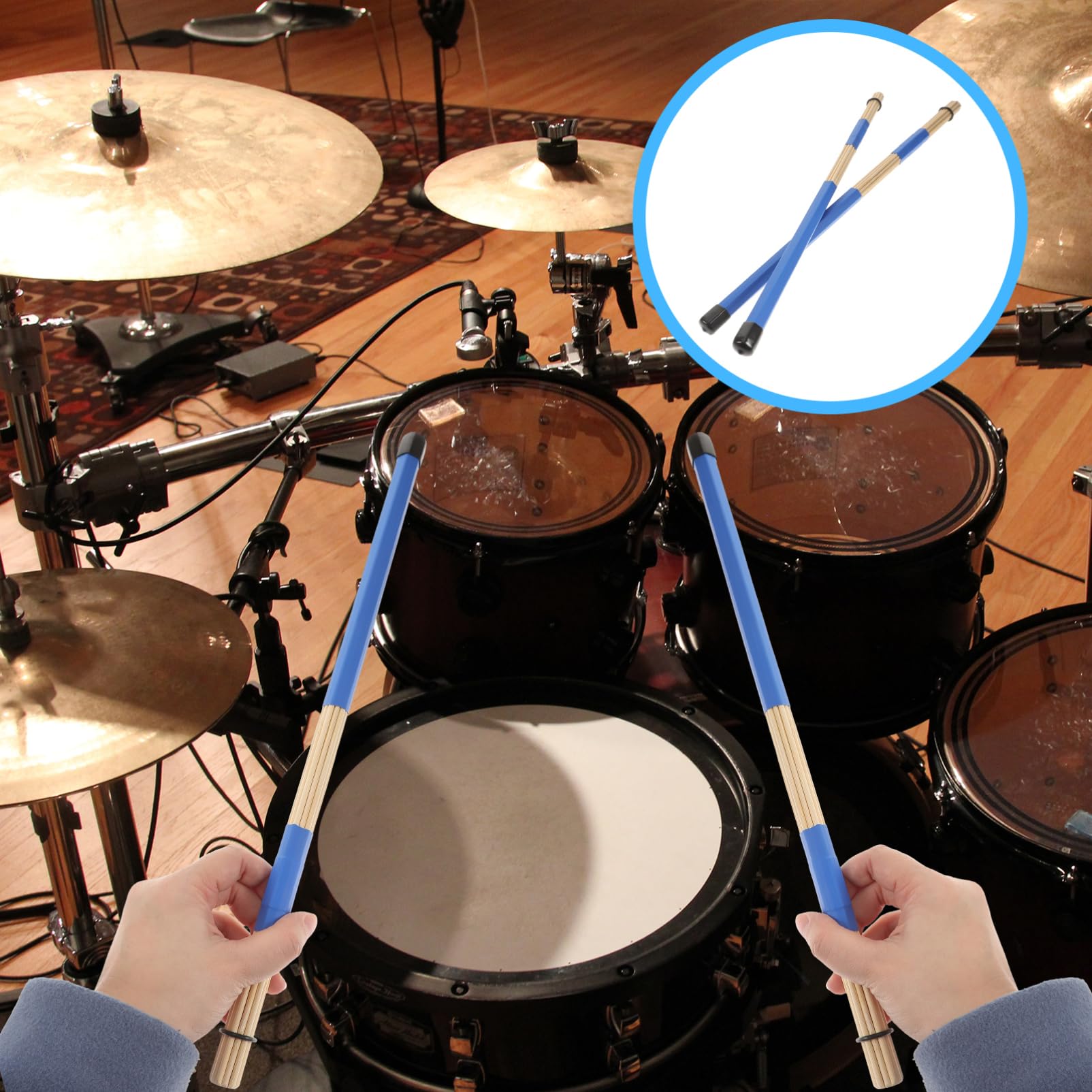 Beavorty 1 Pair Bamboo Drum Brushes, 19 Rods Hot Sticks with Blue Non-Slip Handle - Image 2