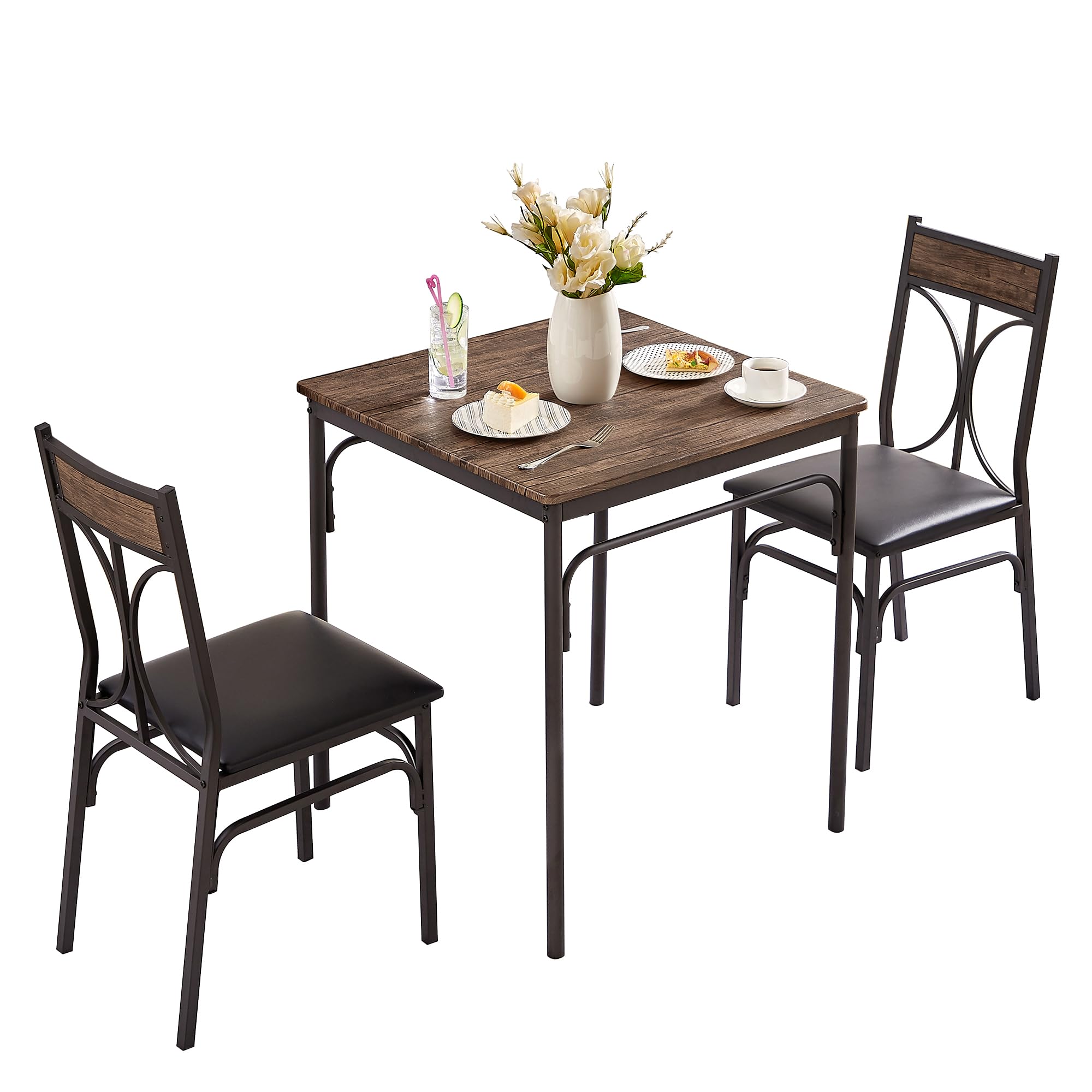 vecelo kitchen dining room table 2 chairs for small space, apartment,metal steel frame, 3-piece set, brown