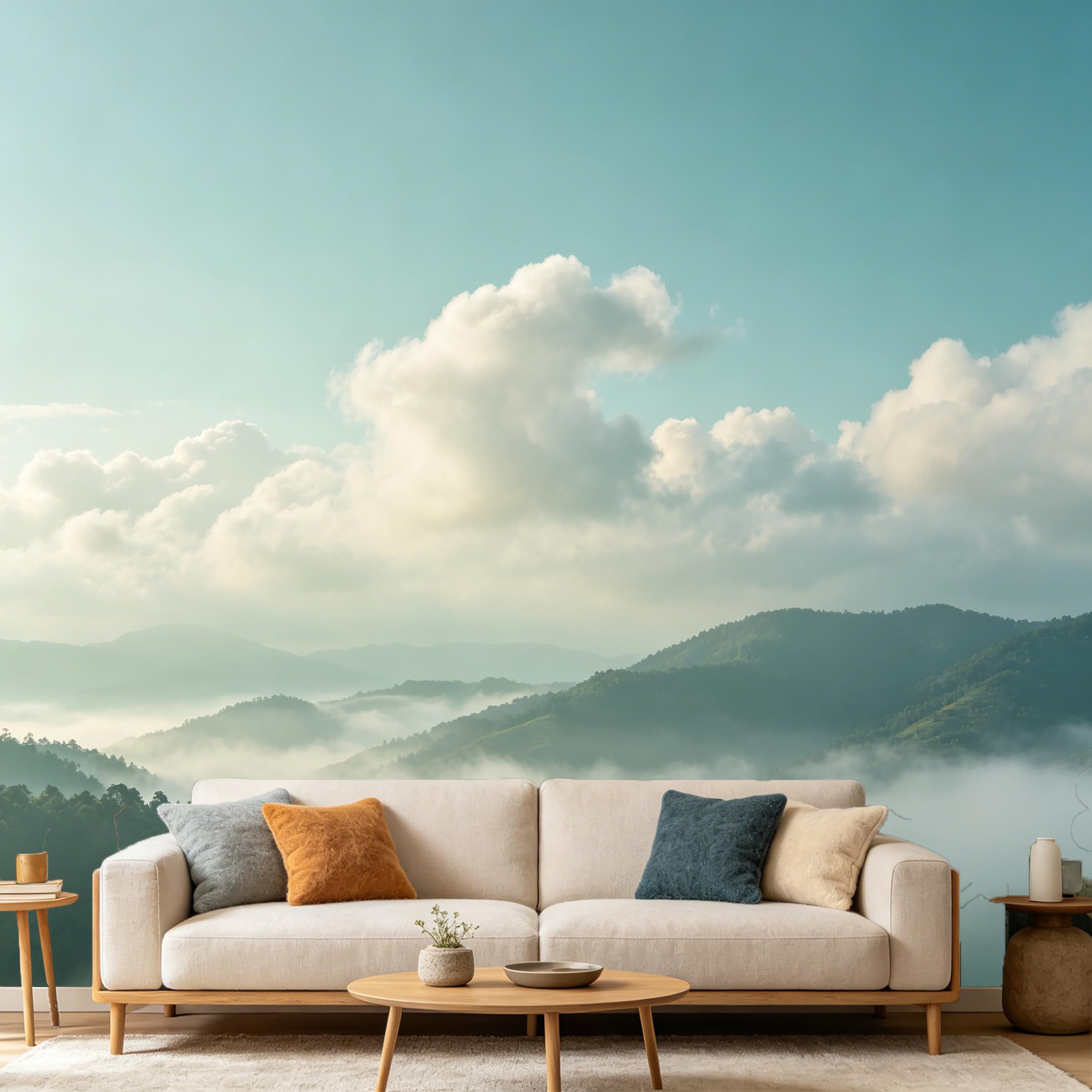 Custom Size Wall Mural Misty Mountain Landscape Peak Clouds Fog Sunrise View SelfAdhesive Art Prints wall Fabric（No PVC） Removable Wallpaper Home Bedroom Decor
